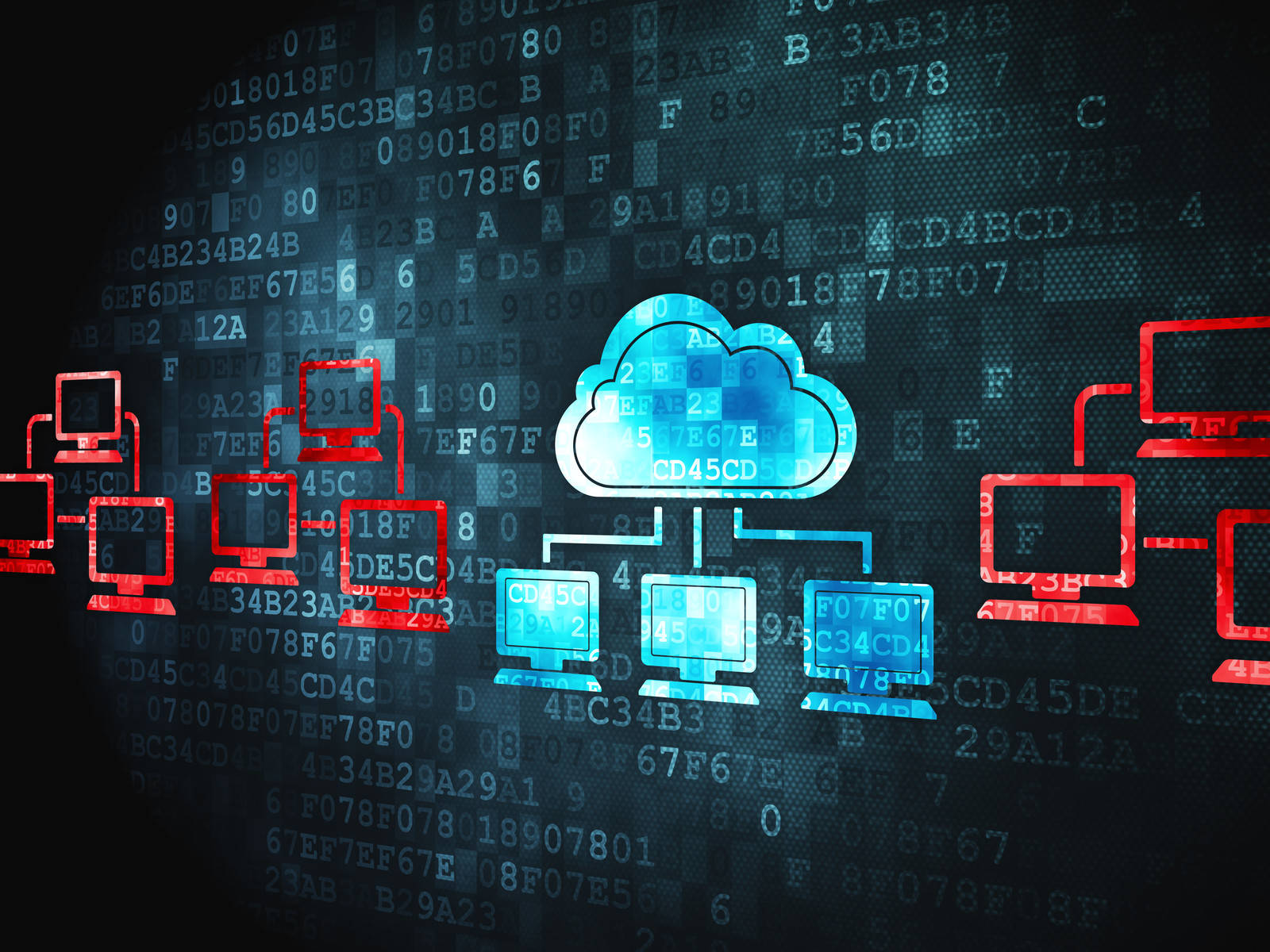glowing blue cloud server icon, red outlined computers, dark background, HD Desktop Wallpaper