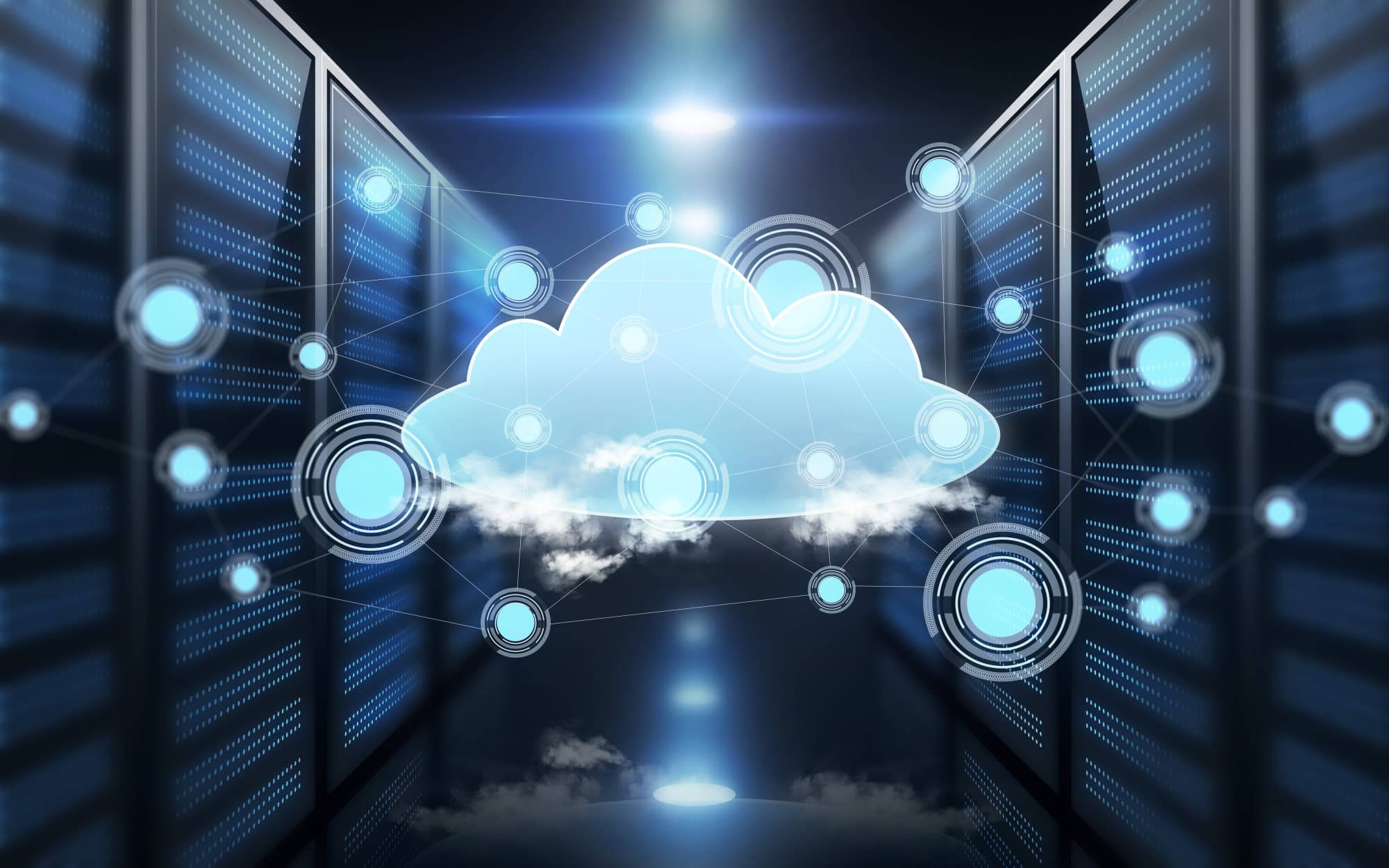glowing blue cloud icon, server racks, data center, Full HD Desktop Wallpaper