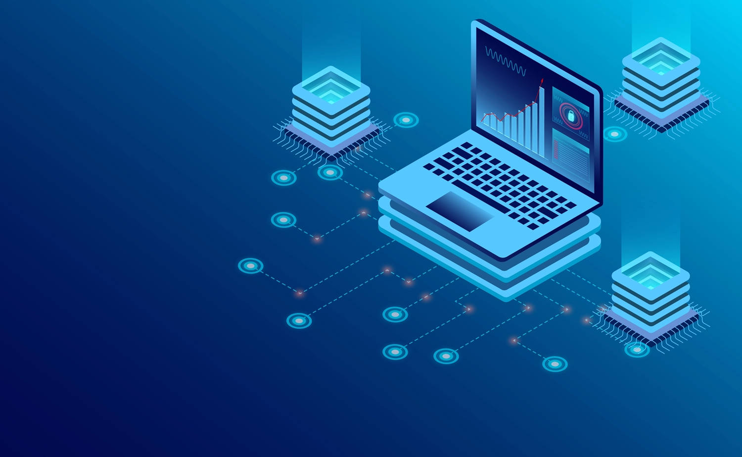 isometric laptop, glowing server stacks, dotted data lines, HD Desktop Wallpaper