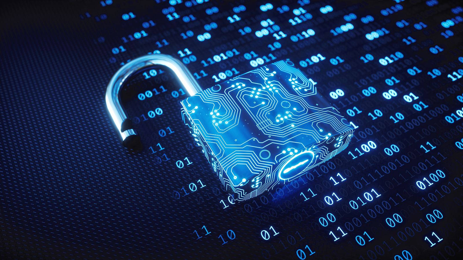 glowing blue circuit board padlock, binary code, dark digital background, HD Desktop Wallpaper