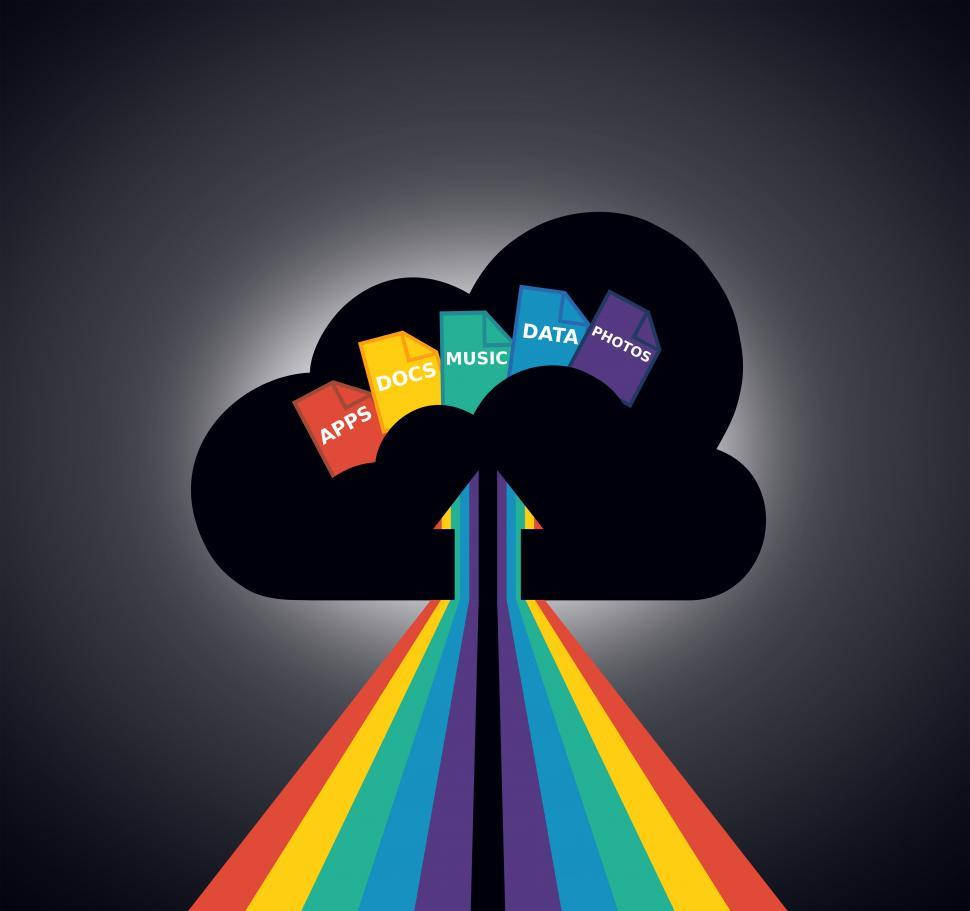 black cloud icon, vibrant rainbow beams, apps docs music data photos, SD Desktop Wallpaper