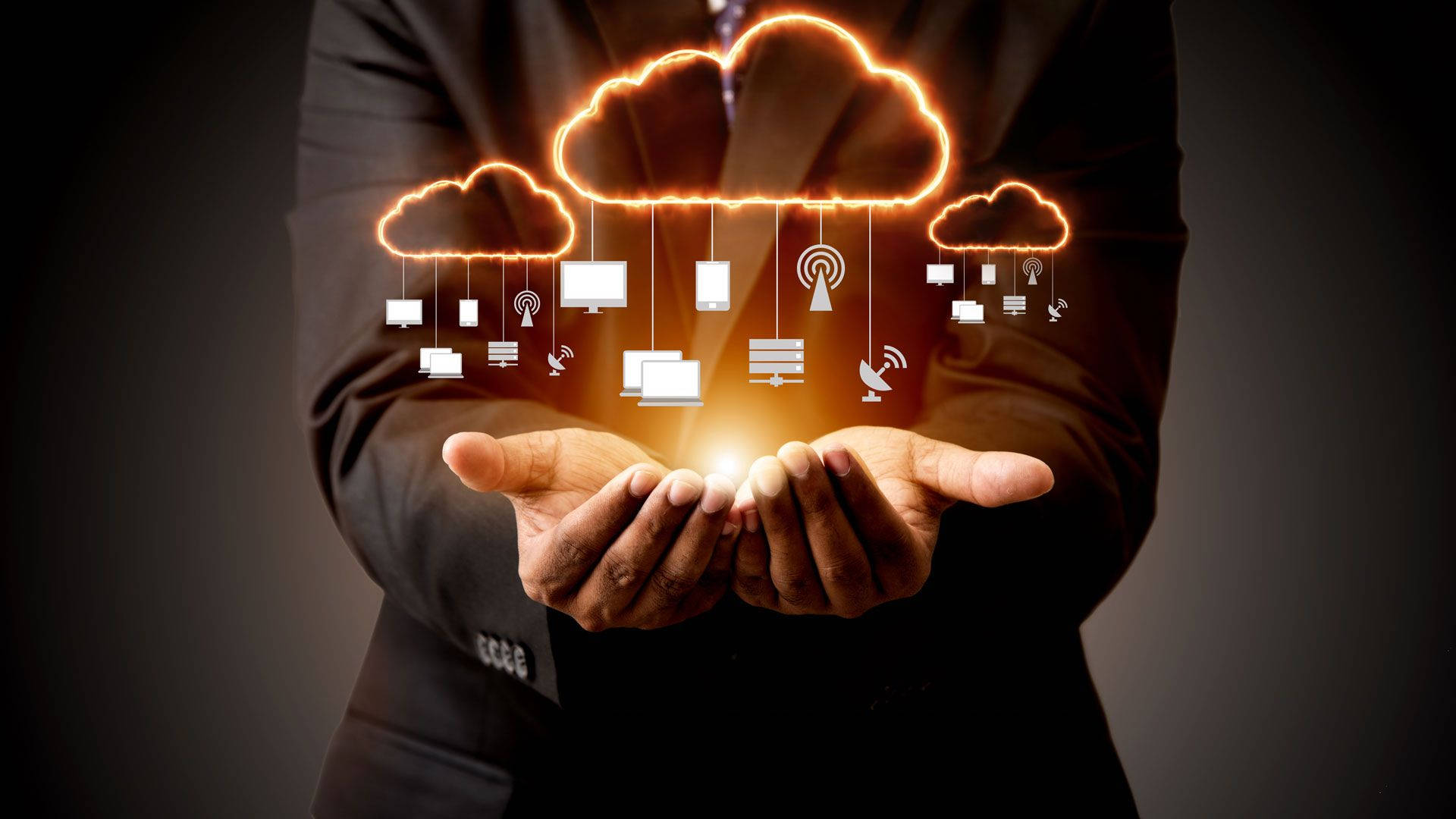 cloud storage technology, holographic art, glowing orange clouds, Full HD Desktop Wallpaper