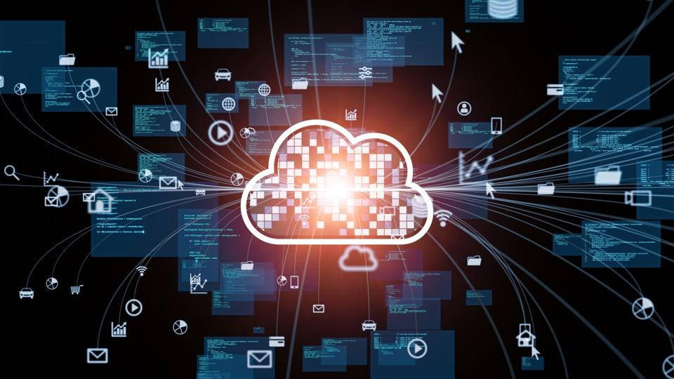 Storage Digital Cloud Safekeeping, glowing white cloud icon, digital data streams, SD Desktop Wallpaper