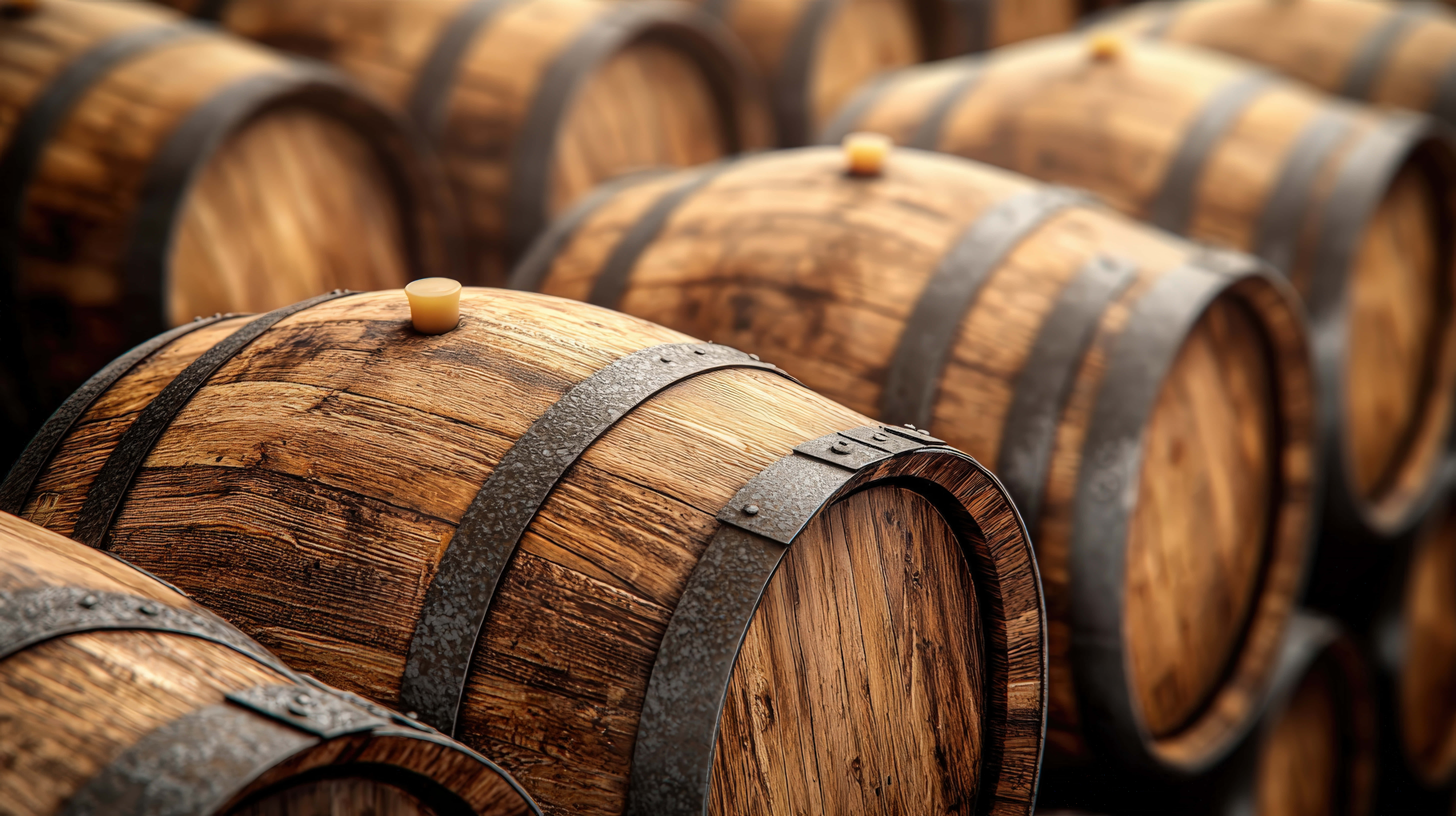 wooden barrels, metal bands, cork bungs, 8K Desktop Wallpaper