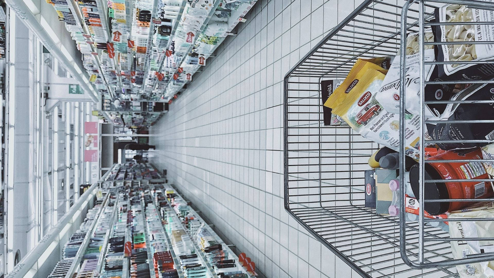 white grocery store, Contemporary Grocery Store Aisle, shopping cart, Full HD Desktop Wallpaper