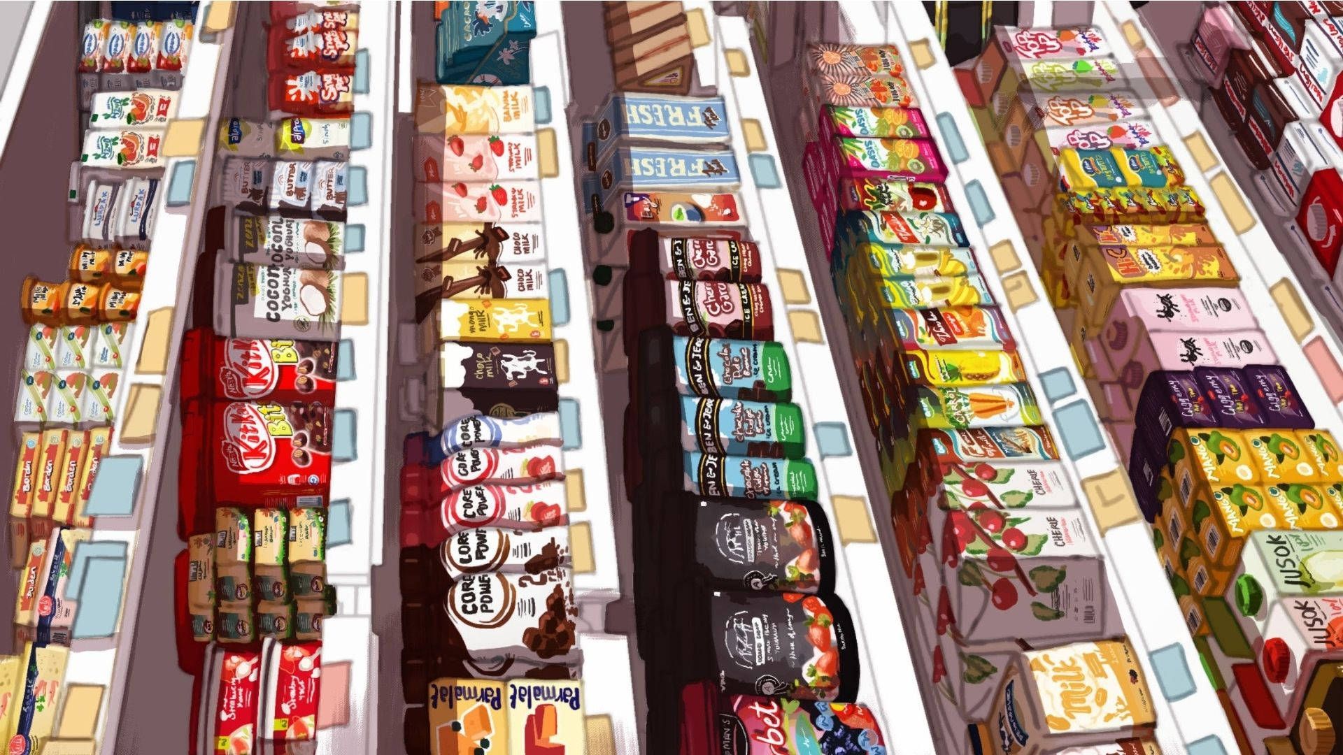 cartoonish grocery store, brightly colored snack aisles, vibrant packaging, Full HD Desktop Wallpaper