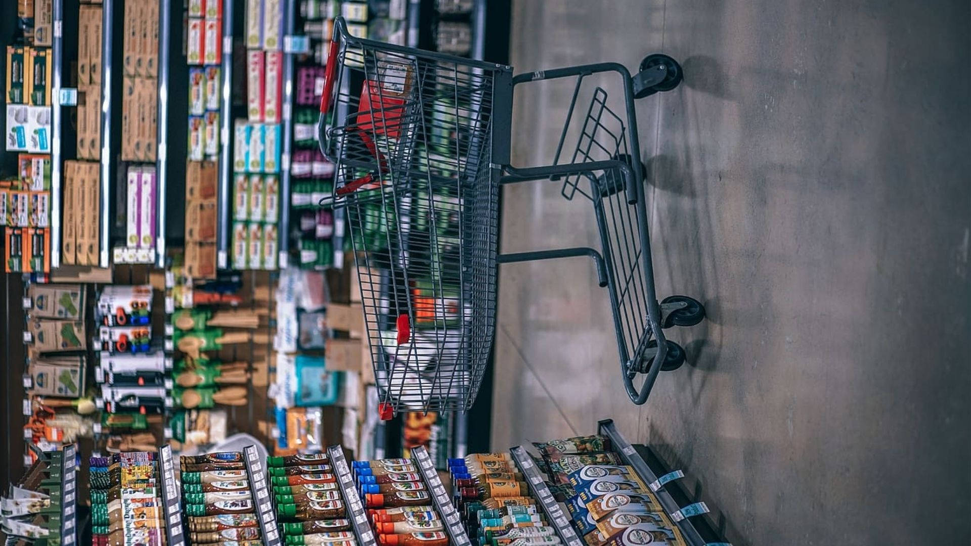 grocery store cart, supermarket aisles, cool artificial lighting, Full HD Desktop Wallpaper