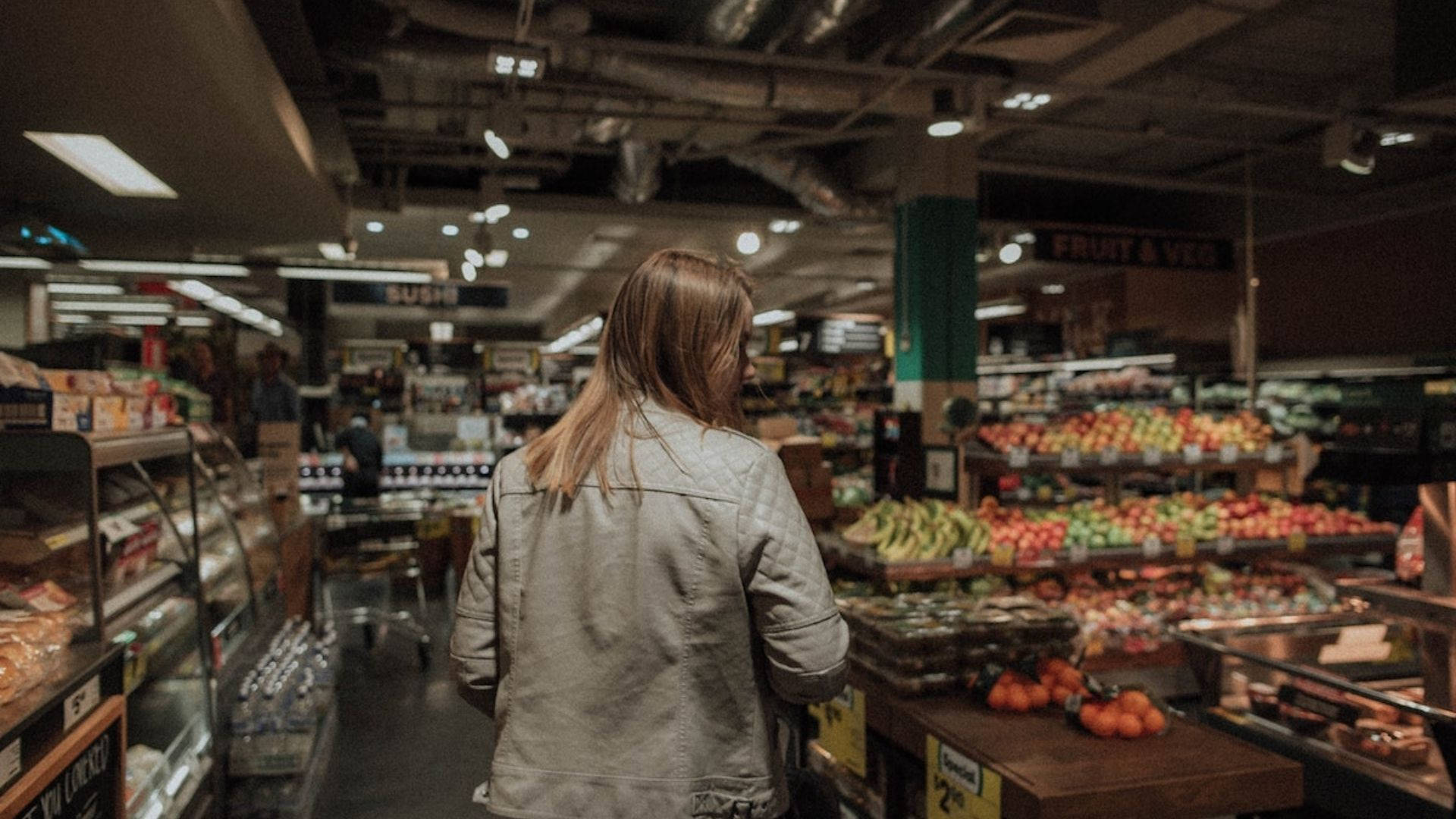 grocery store, gray jacket, dimly lit, Full HD Desktop Wallpaper