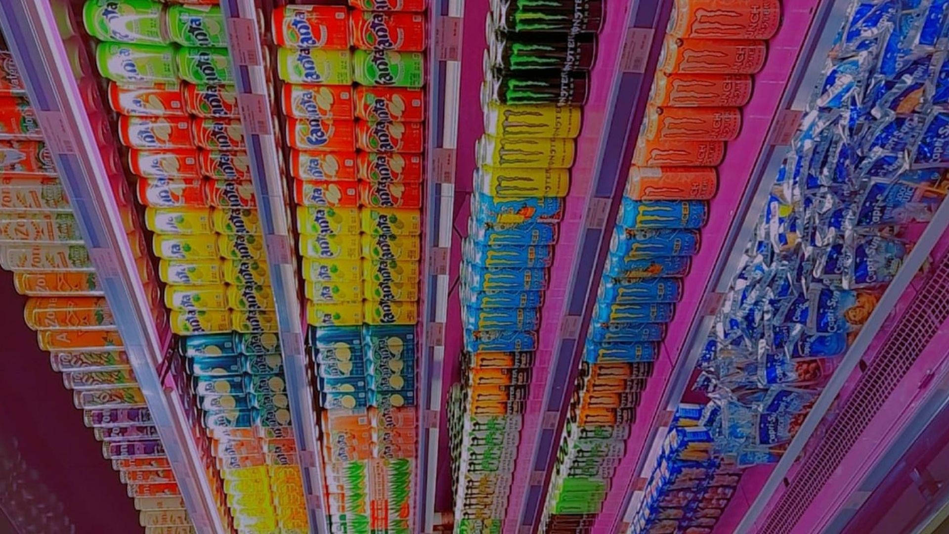 grocery store, colorful sodas, brightly colored soda cans, Full HD Desktop Wallpaper