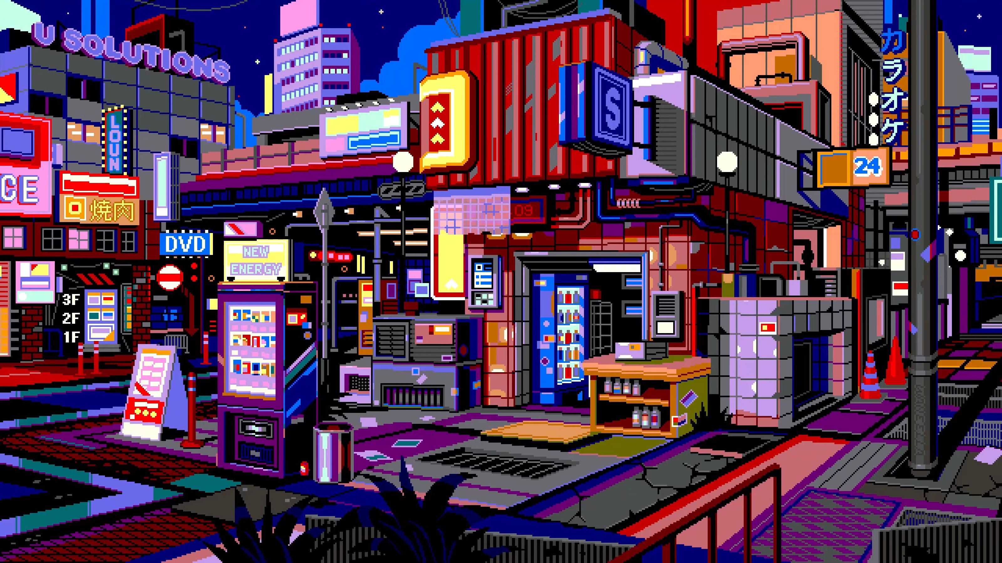 8 Bit Japan, convenience store, pixel-art, 2K Desktop Wallpaper