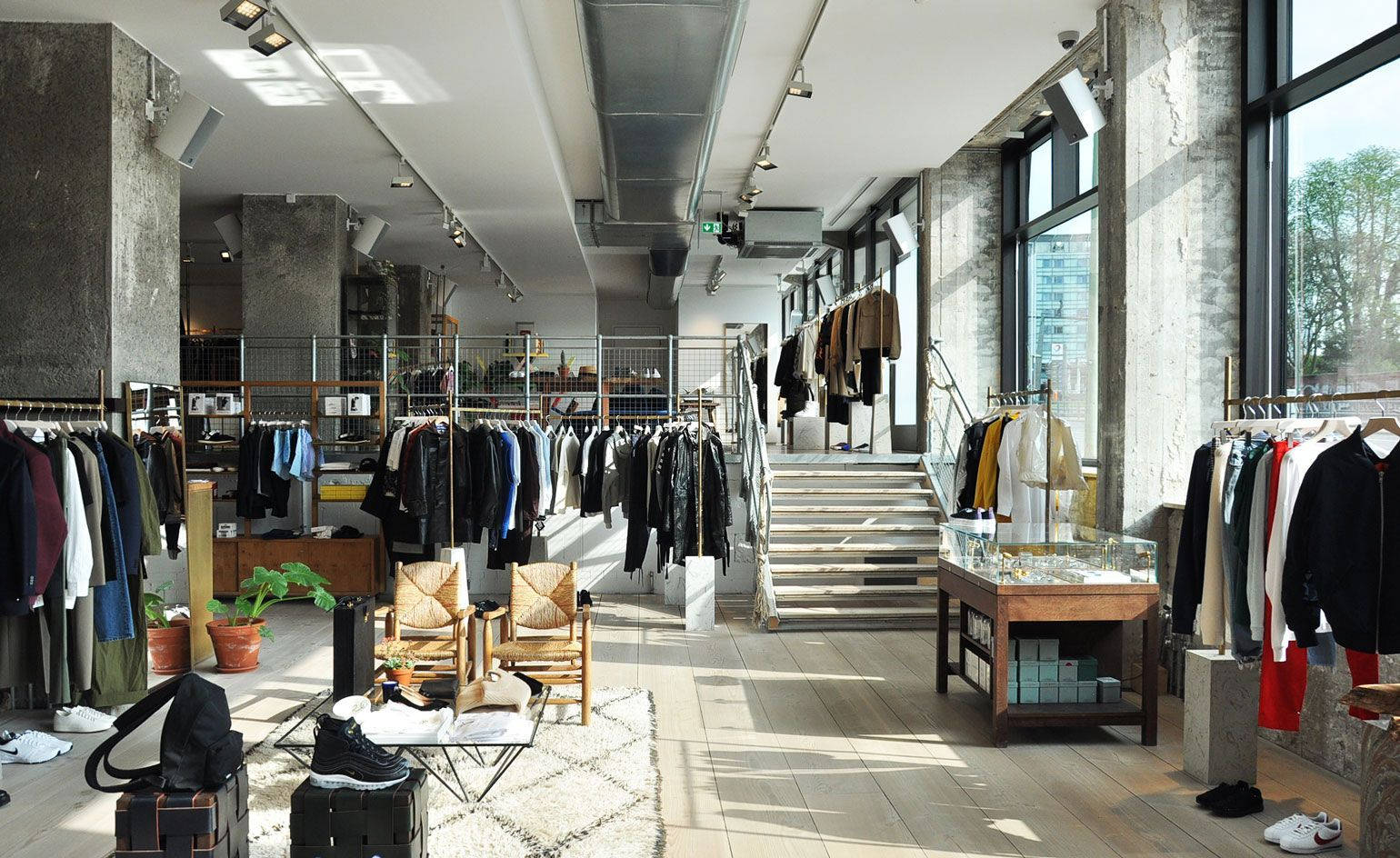 industrial aesthetic, modern minimalist clothing store, exposed concrete pillars, HD Desktop Wallpaper