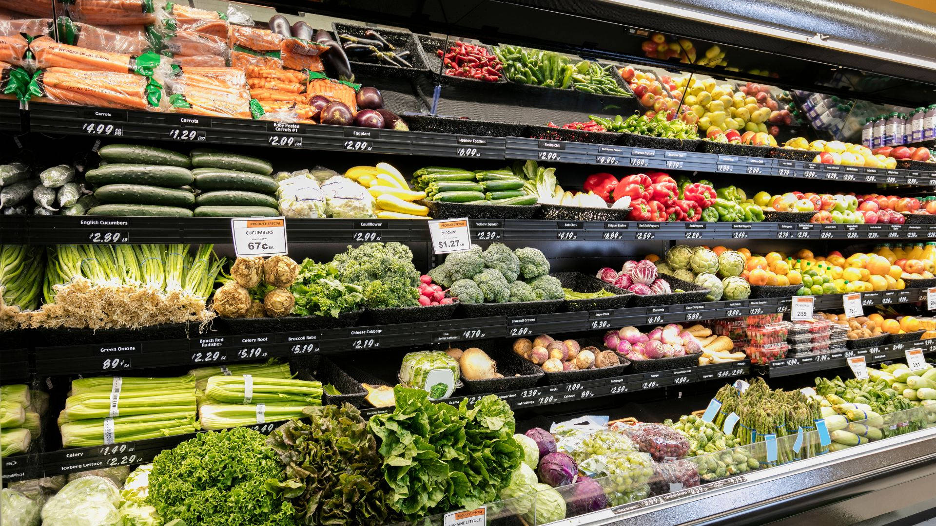 grocery store, produce shelves, vegetables, Full HD Desktop Wallpaper