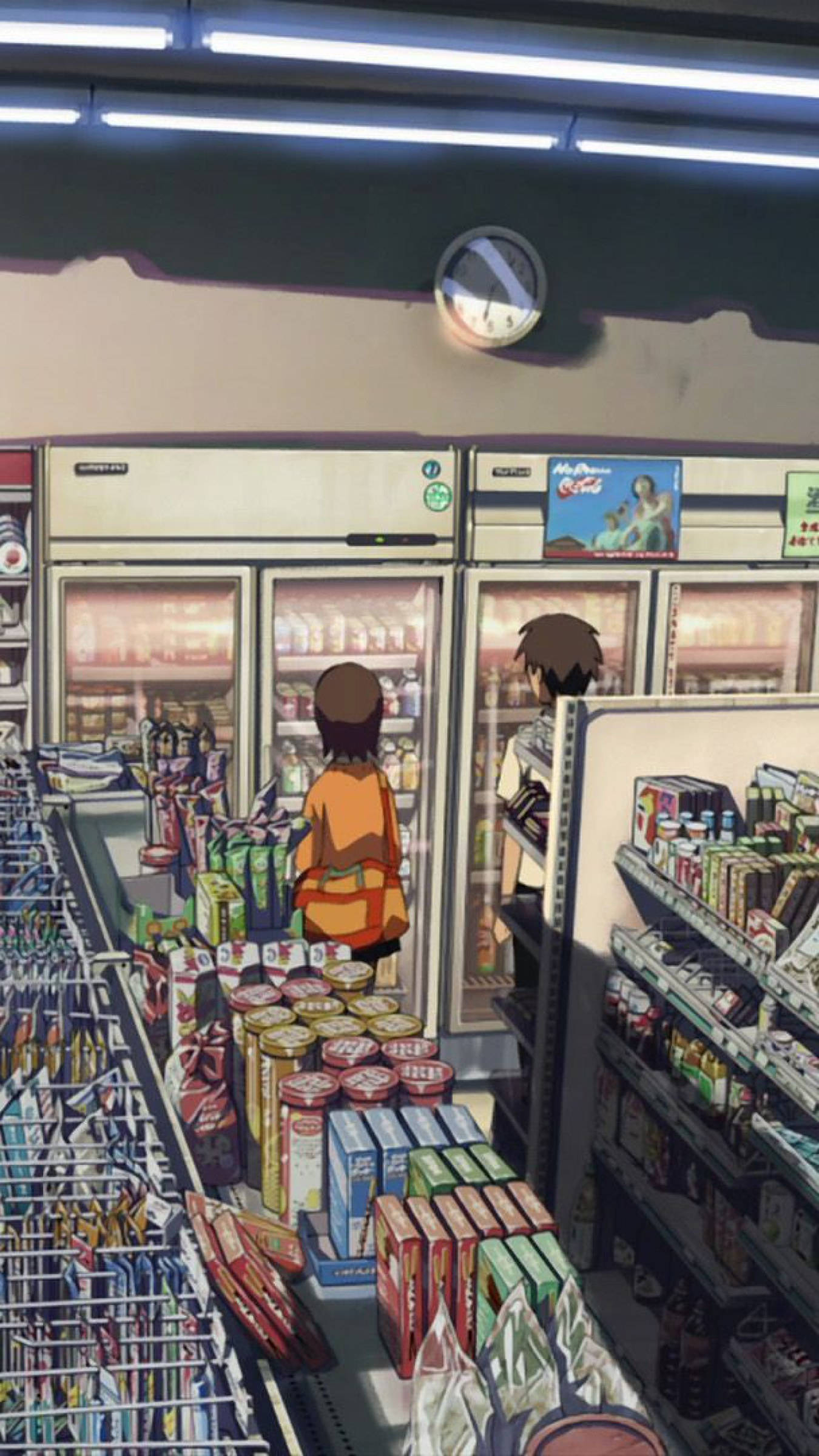 anime couple, convenience store, fluorescent lights, Full HD Phone Wallpaper