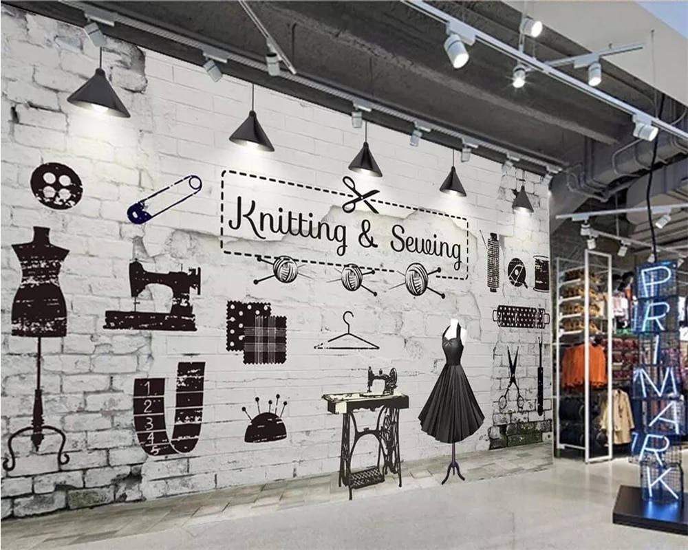 vintage sewing shop, black silhouettes of sewing tools, mannequins, SD Desktop Wallpaper