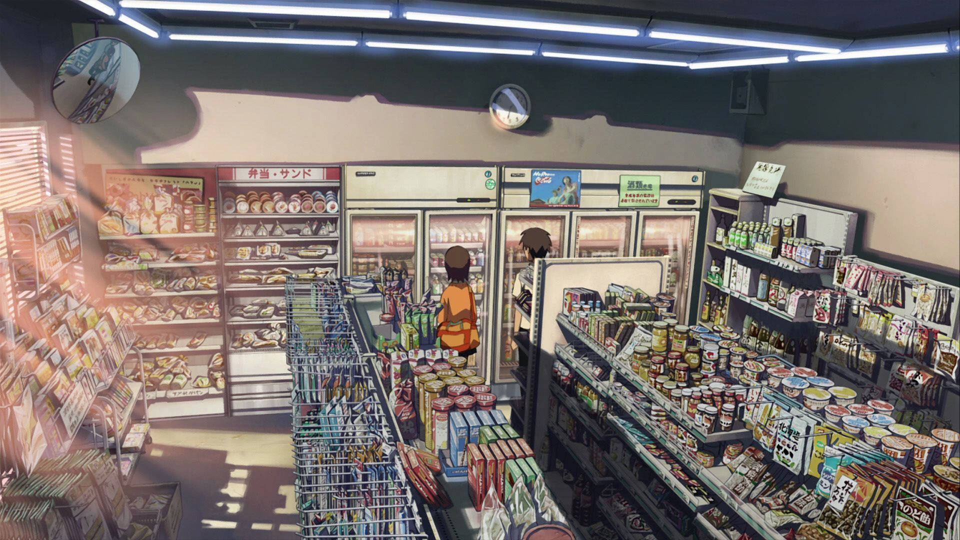 anime convenience store, sunlit convenience store aisle, snacks, Full HD Desktop Wallpaper