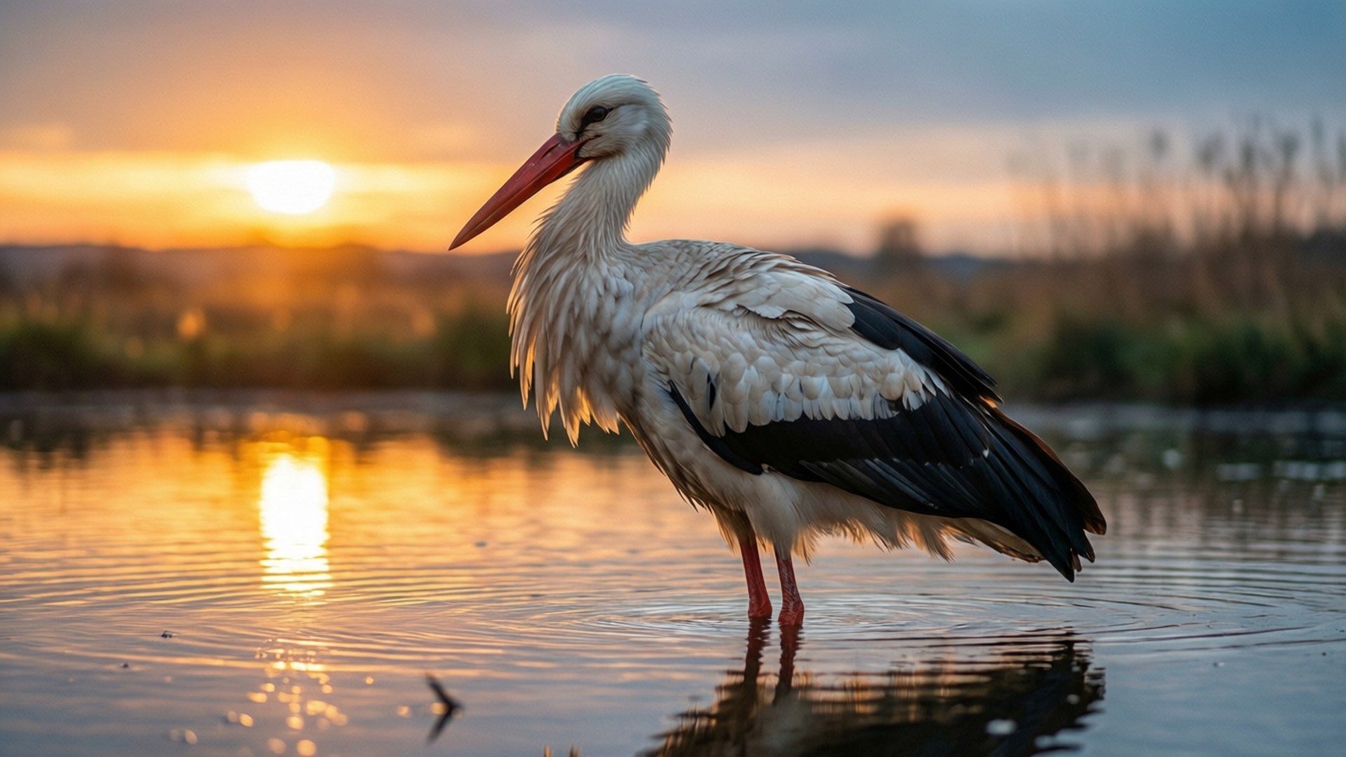 Golden Stork, dusk, white stork, Full HD Desktop Wallpaper