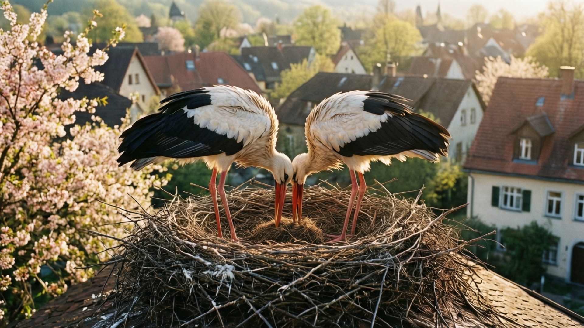 storks, village rooftop, spring, Full HD Desktop Wallpaper