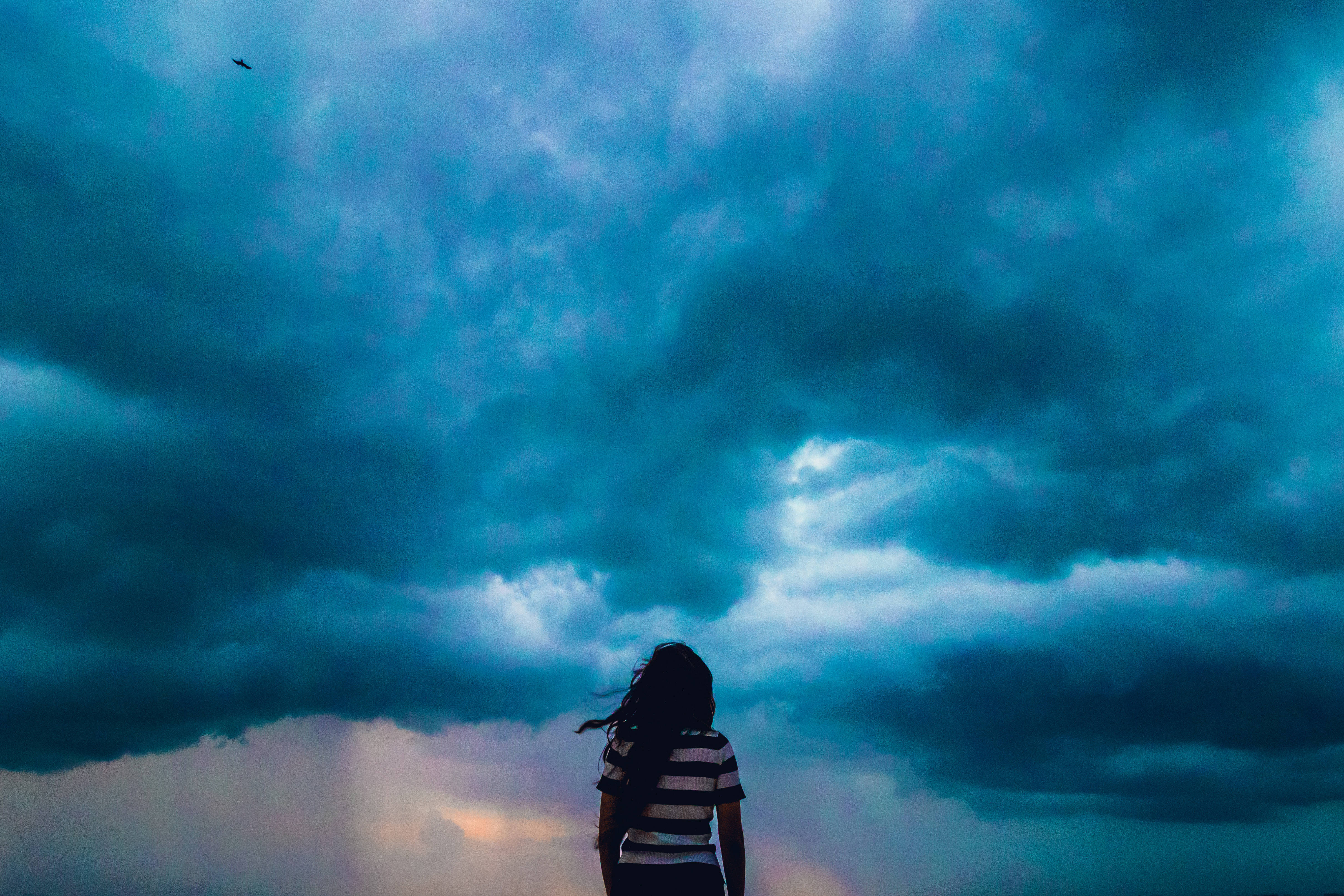 blue storm clouds, girl, striped shirt, 4K Desktop Wallpaper