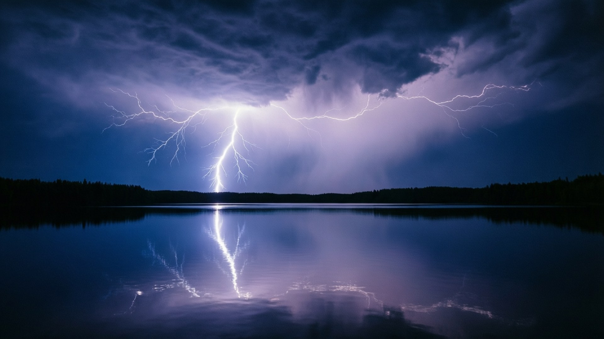 lake lightning reflection, stormy purple sky, calm lake, Full HD Desktop Wallpaper