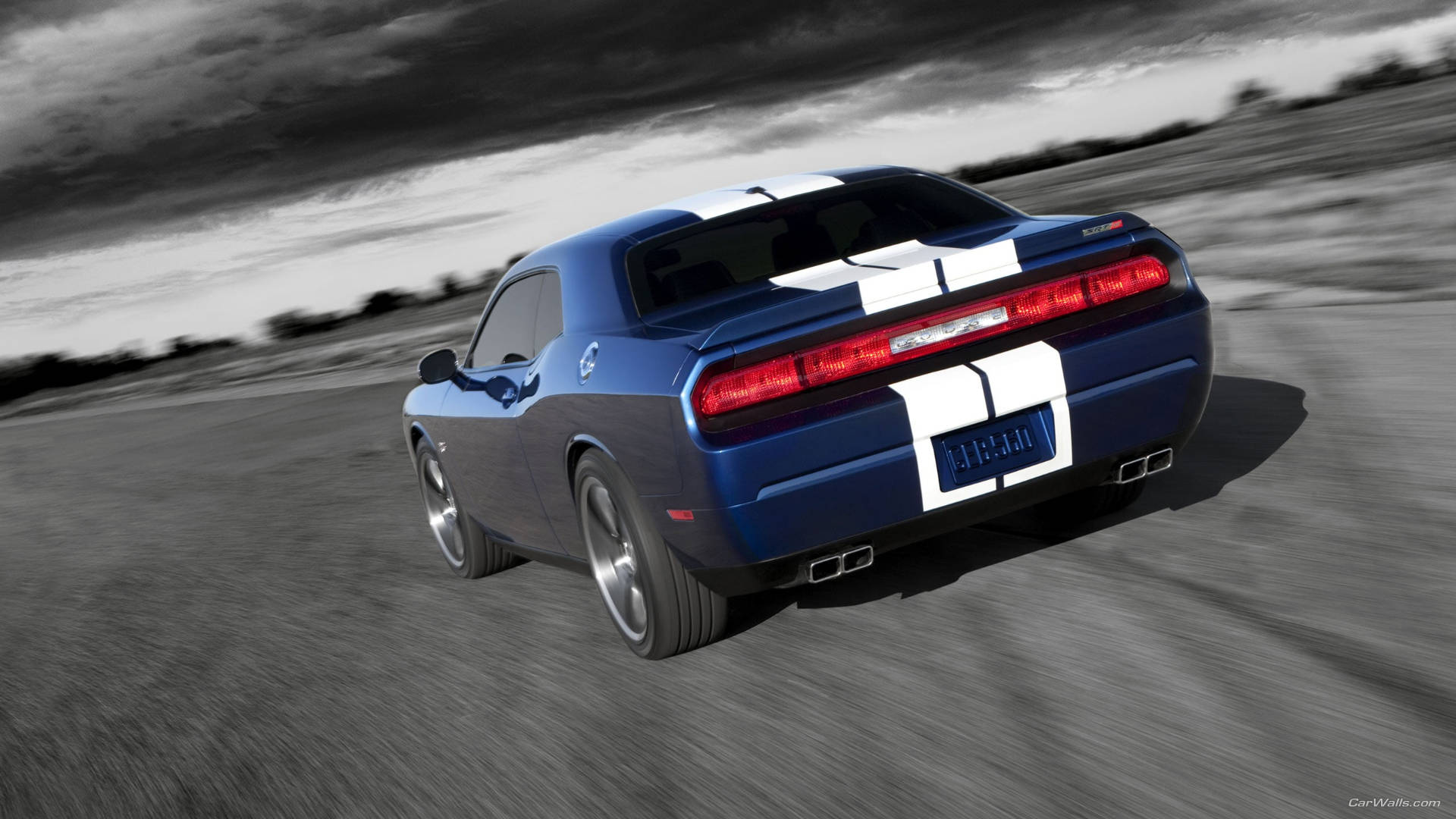 2012 Blue Dodge Challenger, white racing stripes, blurred desert road, Full HD Desktop Wallpaper