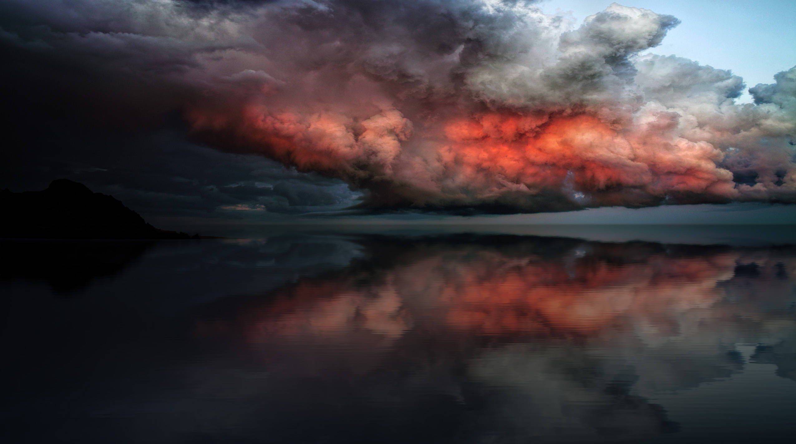 red clouds, calm water, darkening sky, Full HD Desktop Wallpaper