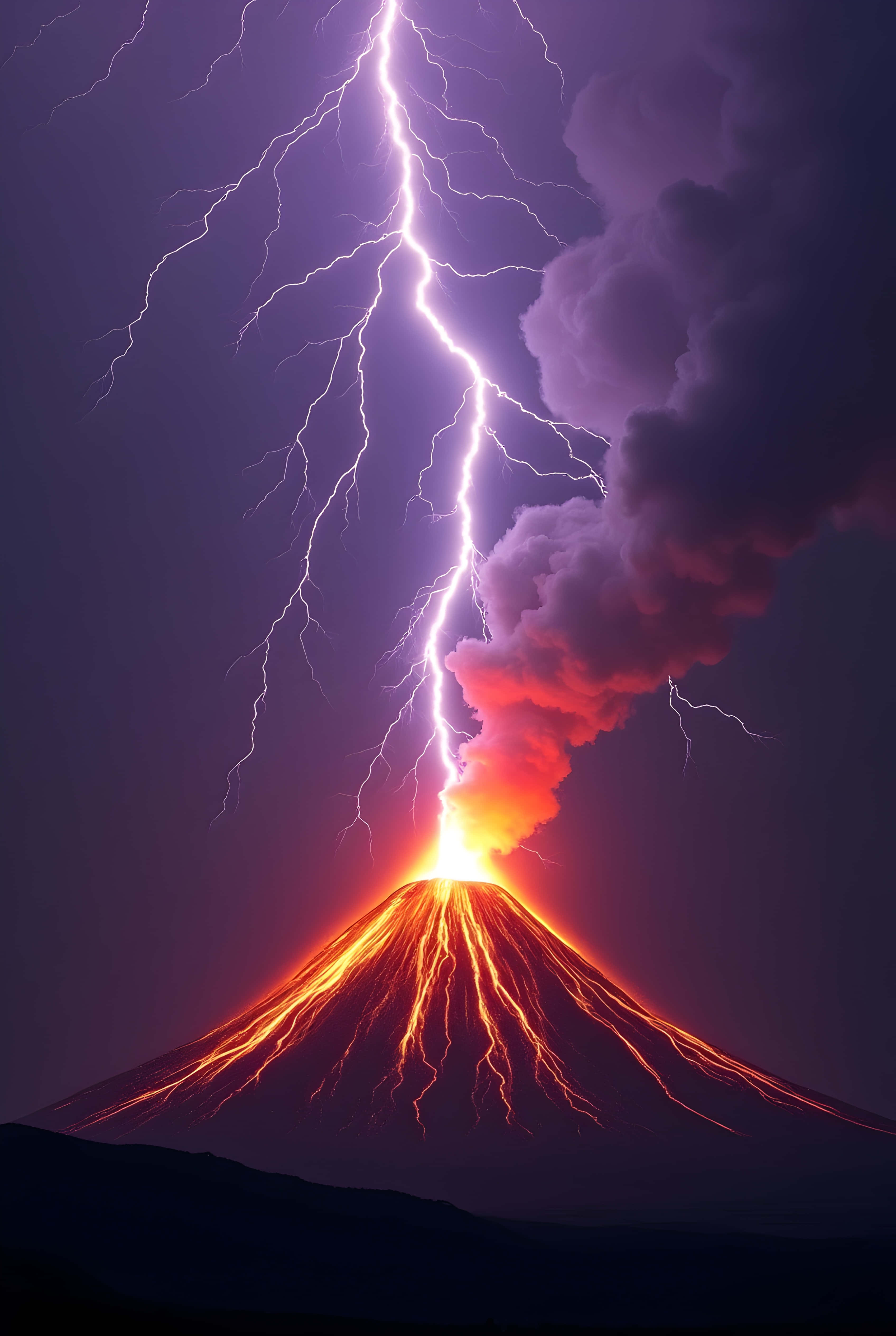 volcanic eruption, night, lightning strike, 4K Phone Wallpaper