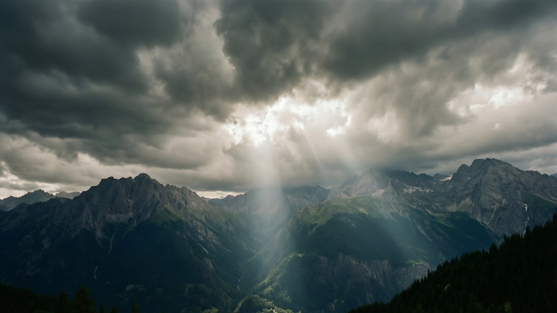 mountains, storm clouds, sunbeams, Full HD Desktop Wallpaper