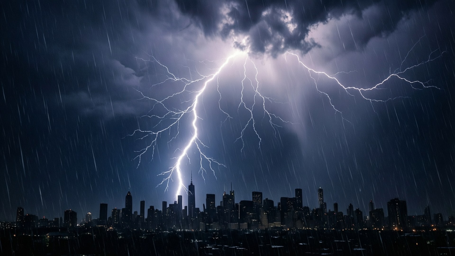 City Lightning Strike, dark storm clouds, rain-slicked city skyline, Full HD Desktop Wallpaper