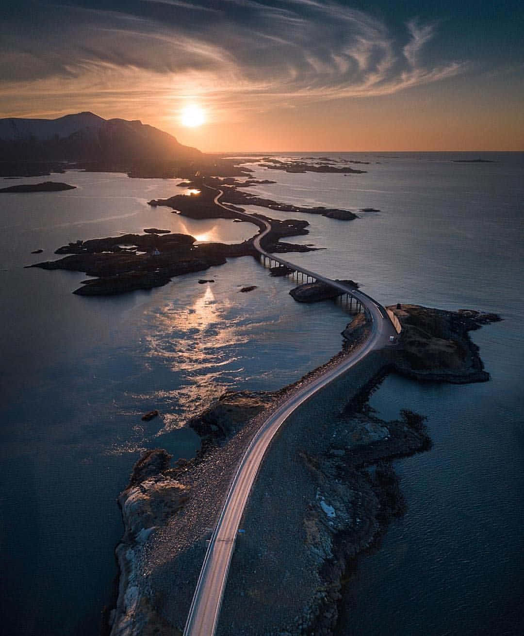 Storseisundet Bridge, sunset, winding coastal road, HD Phone Wallpaper
