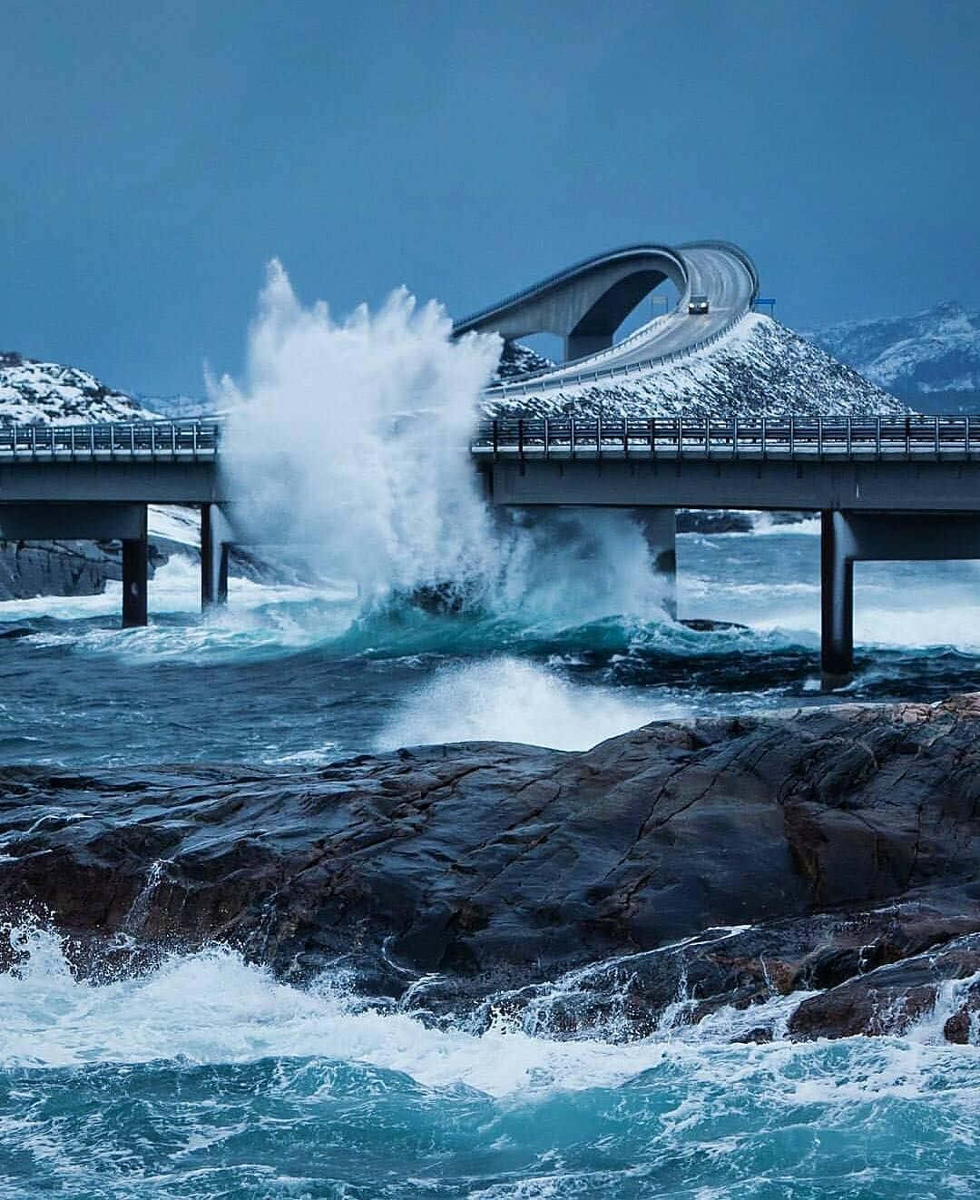Storseisundet Bridge, large waves, rocky shores, HD Phone Wallpaper