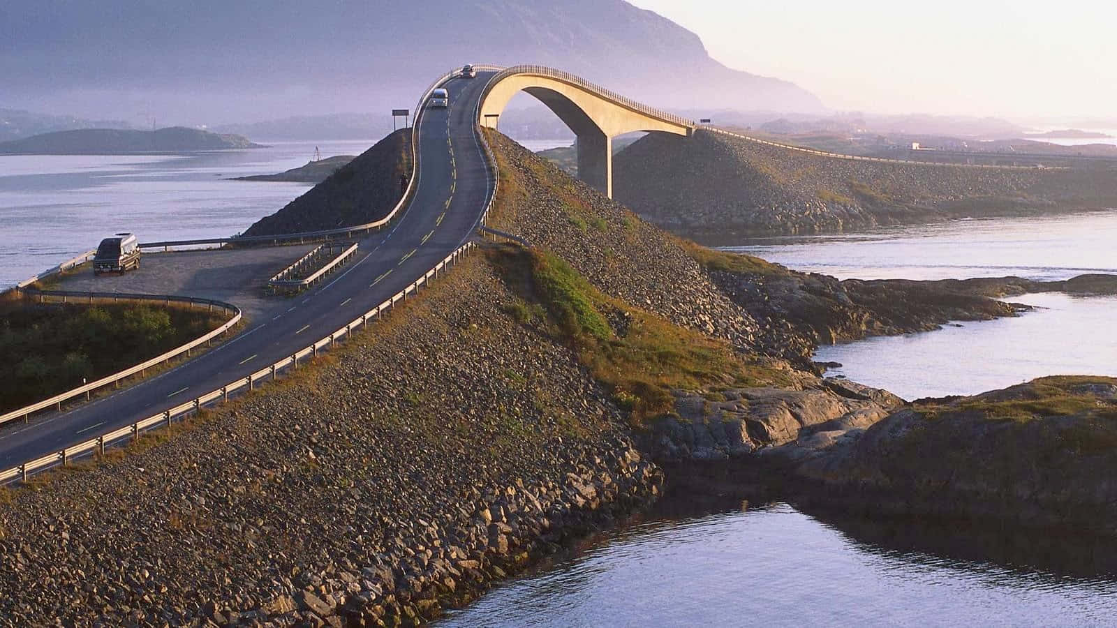 Storseisundet Bridge, golden hour, rocky fjords, HD Desktop Wallpaper