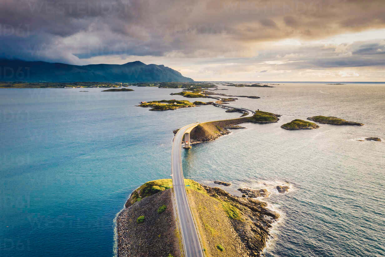 Storseisundet Bridge, gloomy overcast, winding coastal road, SD Desktop Wallpaper