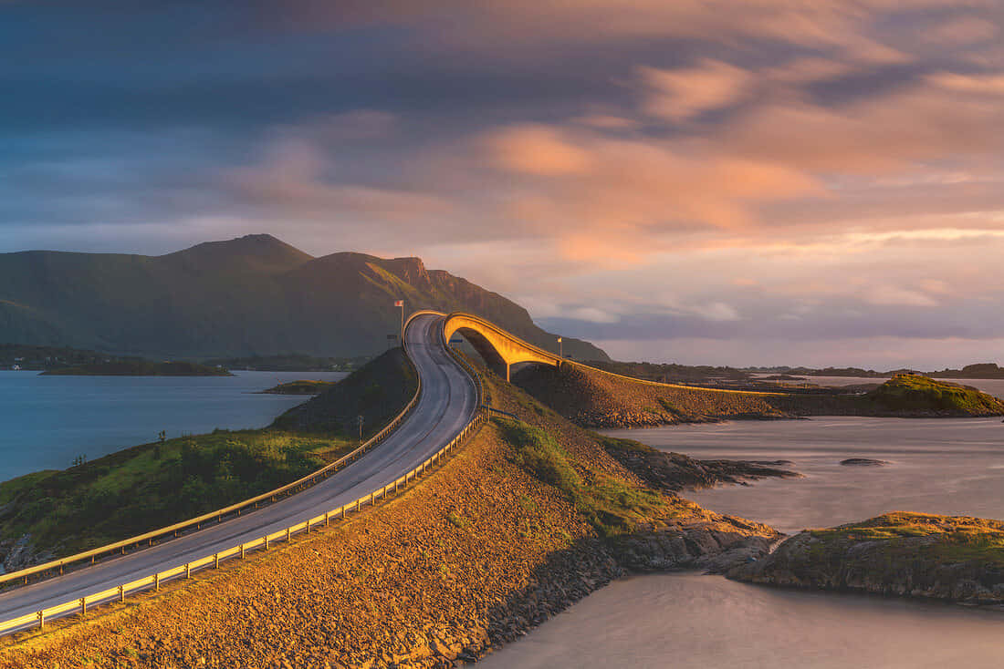 Storseisundet Bridge, sunset, orange clouds, SD Desktop Wallpaper