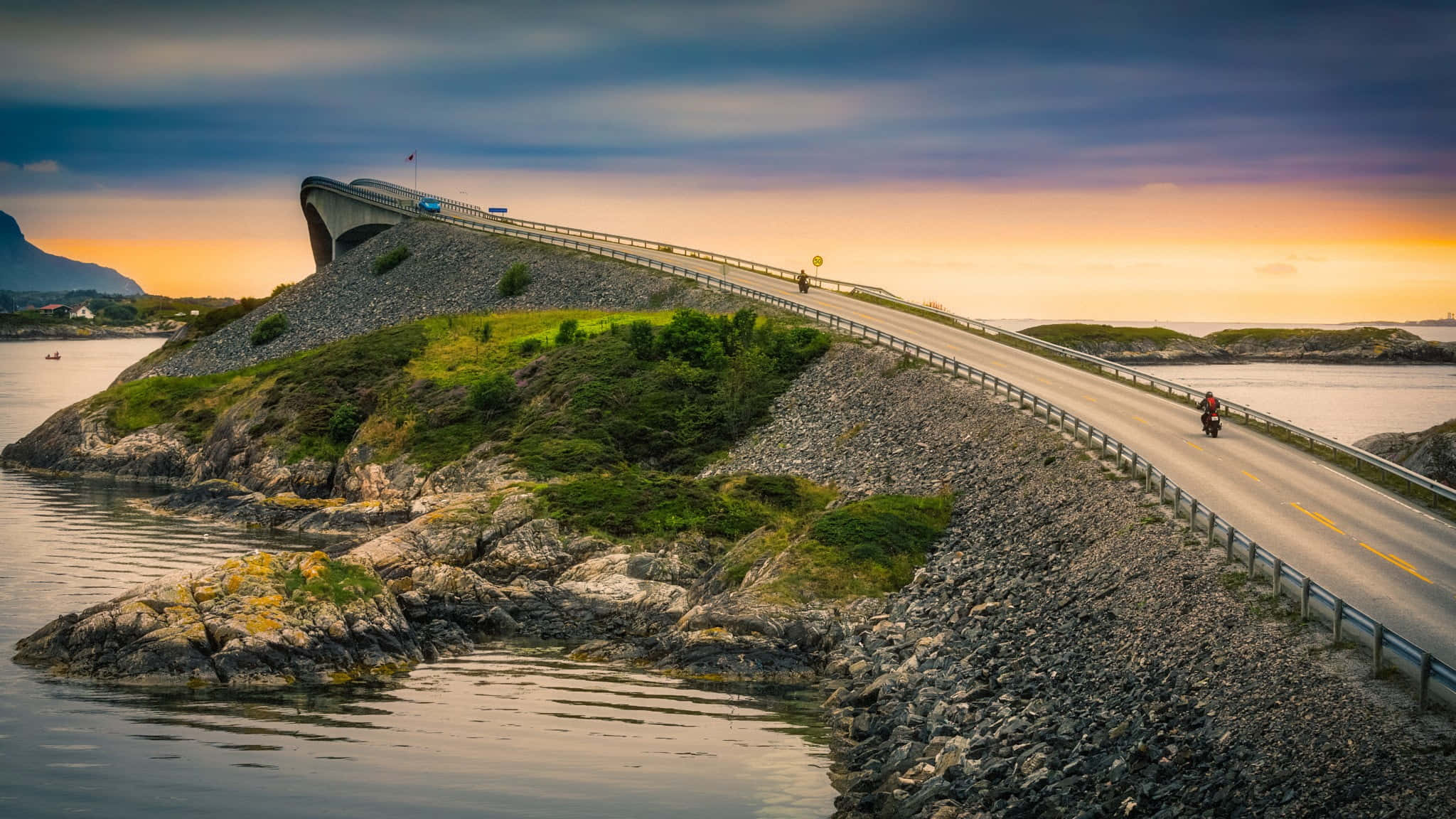 Storseisundet Bridge, sunset skies, winding coastal road, Full HD Desktop Wallpaper