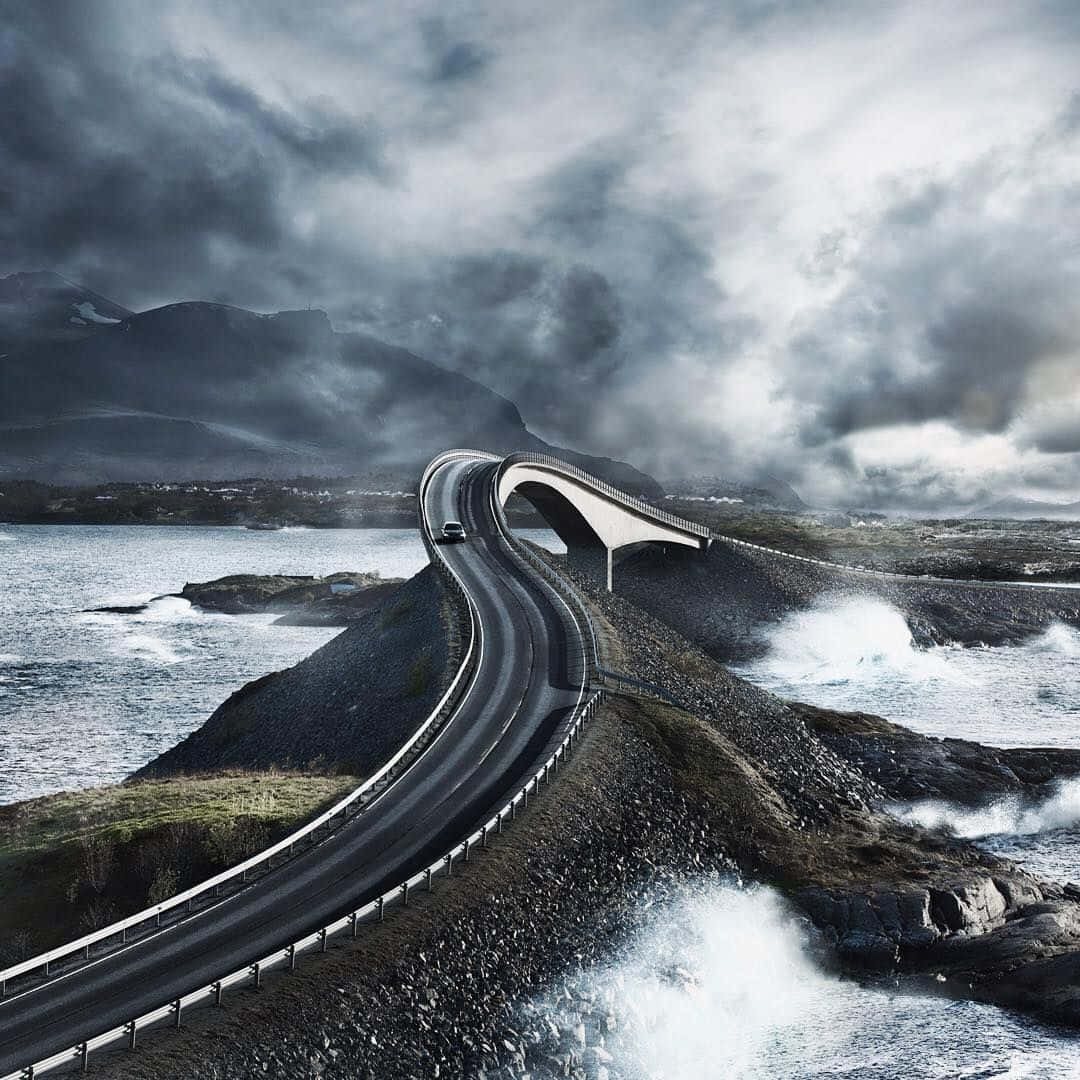 Storseisundet Bridge, dark clouds, coastal road, SD Desktop Wallpaper