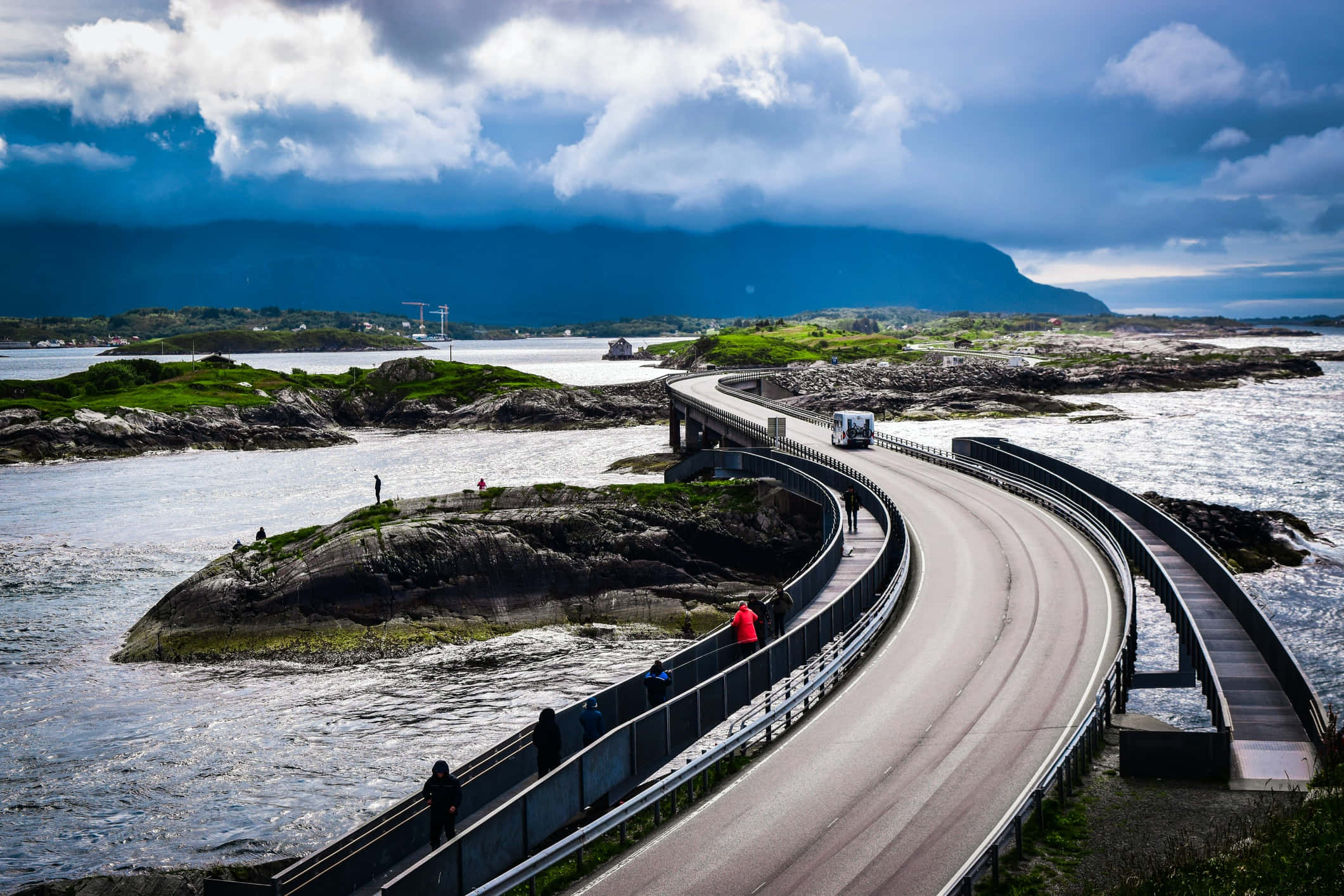 Storseisundet Bridge, winding coastal road, rocky islands, Full HD Desktop Wallpaper
