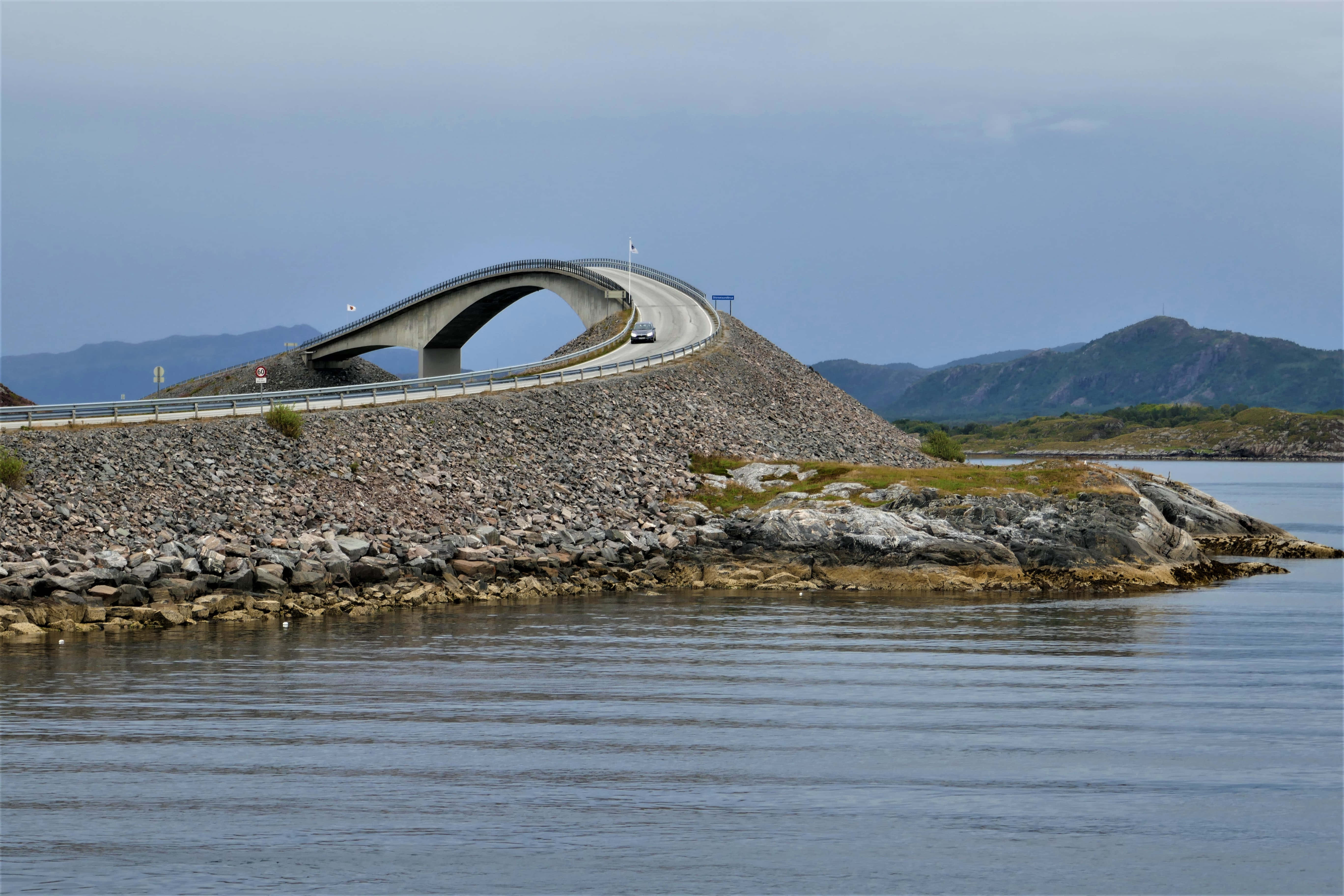 Storseisundet Bridge, cloudy sky, calm waters, 5K Desktop Wallpaper