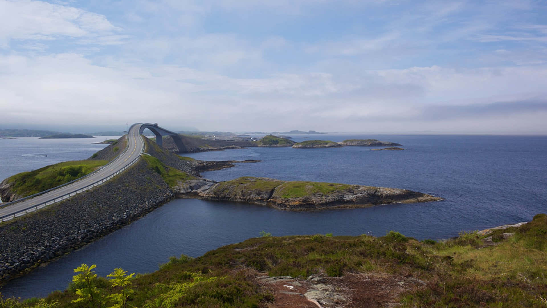 Storseisundet Bridge, winding coastal road, rocky islands, Full HD Desktop Wallpaper