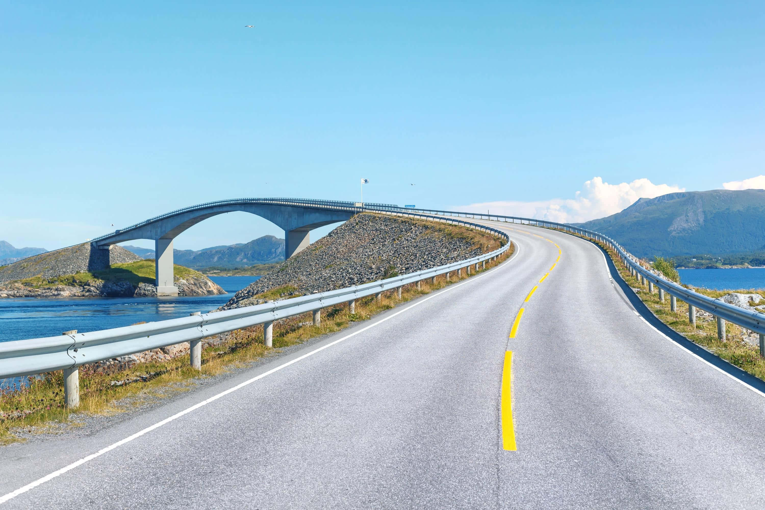 Storseisundet Bridge, winding coastal road, modern arch bridge, 2K Desktop Wallpaper
