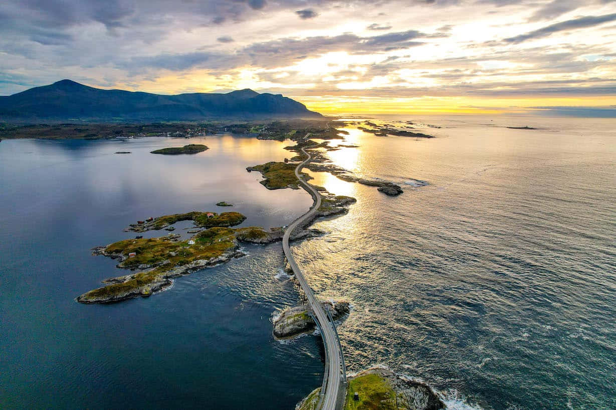 Storseisundet Bridge, sunset, rocky islands, SD Desktop Wallpaper