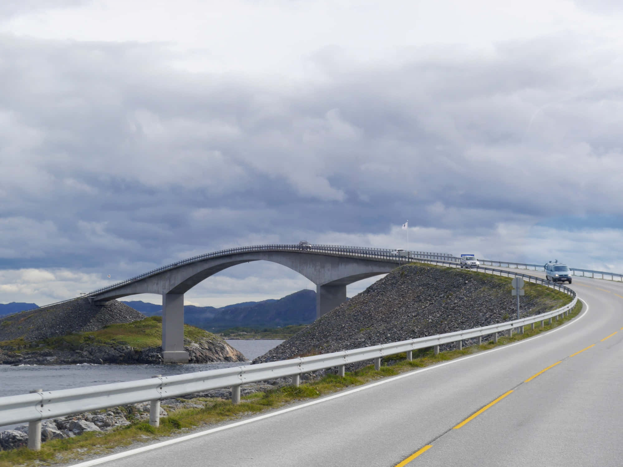 Storseisundet Bridge, modern concrete bridge, rocky fjord, Full HD Desktop Wallpaper