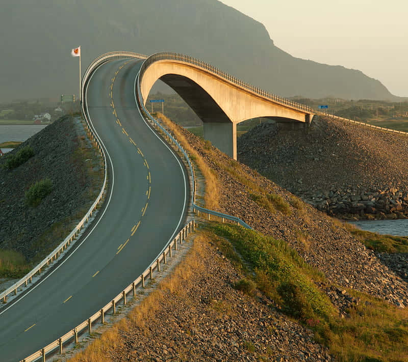Storseisundet Bridge, golden hour, winding road, SD Desktop Wallpaper