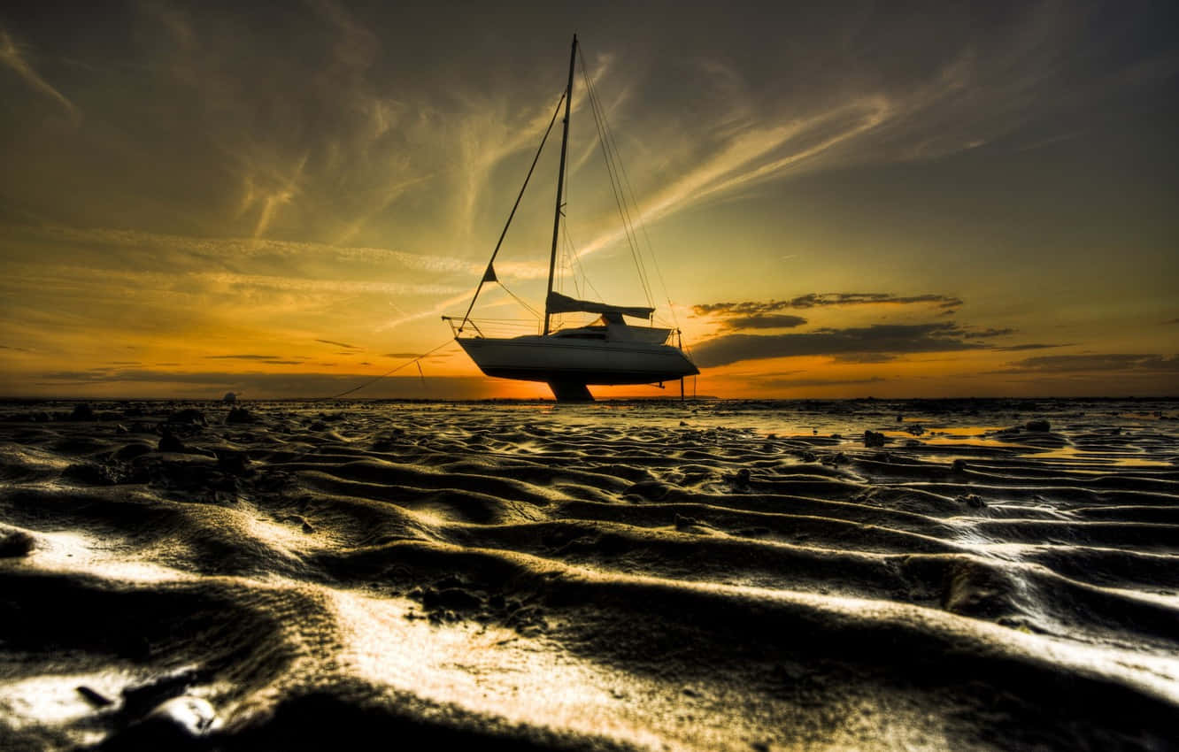 sailboat, wet sandy beach, sunset, HD Desktop Wallpaper