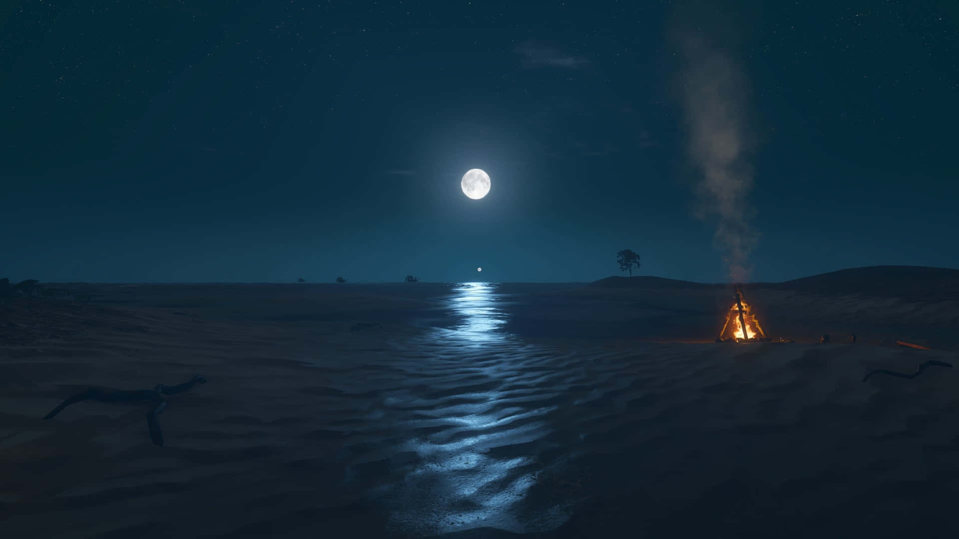 Stranded, desert, campfire, Full HD Desktop Wallpaper