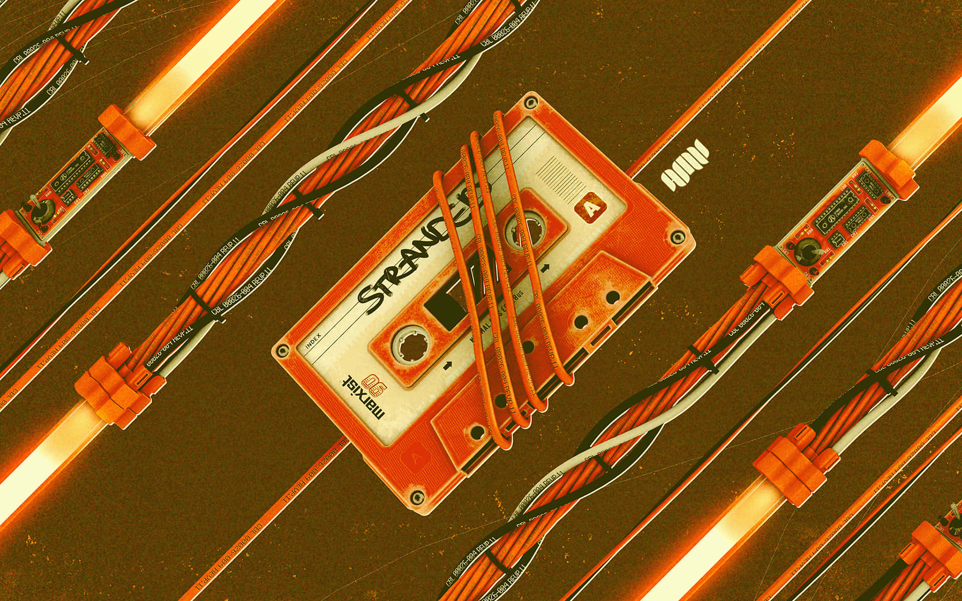STRANGE, orange cassette tape, glowing orange circuit boards, Full HD Desktop Wallpaper