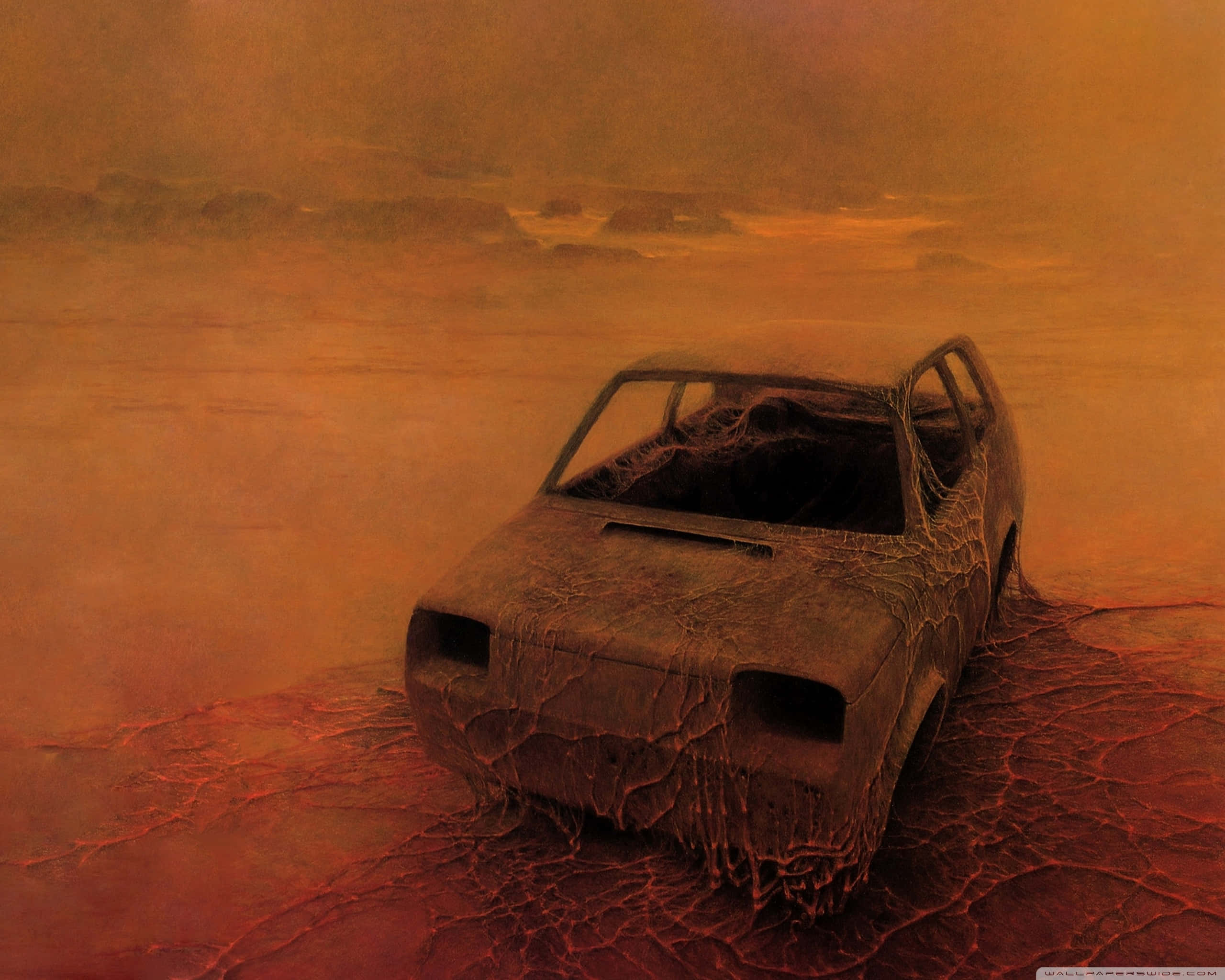 Stranded, abandoned car, cracked desert, 2K Desktop Wallpaper