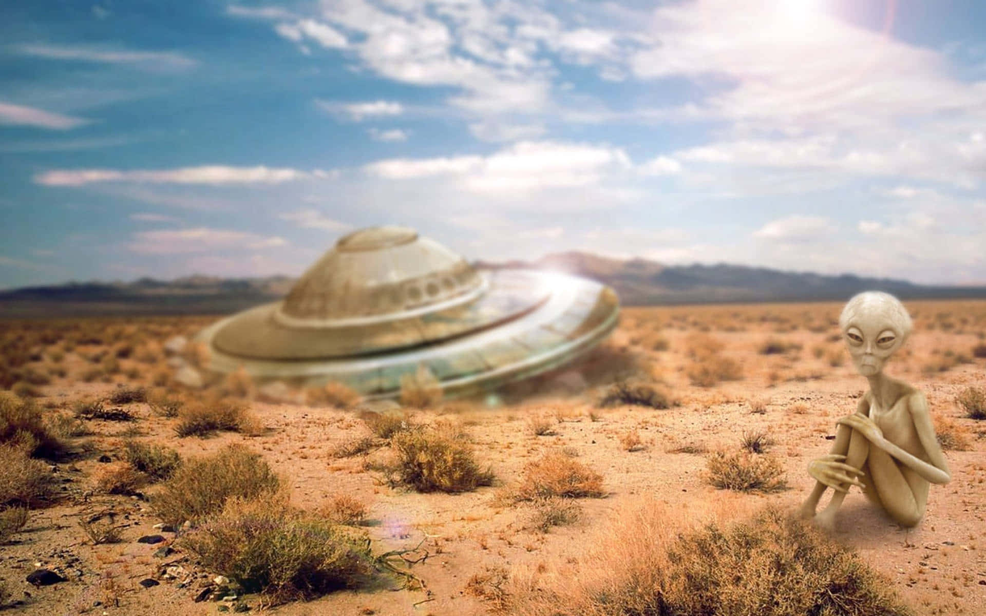 alien, desert, flying saucer, Full HD Desktop Wallpaper