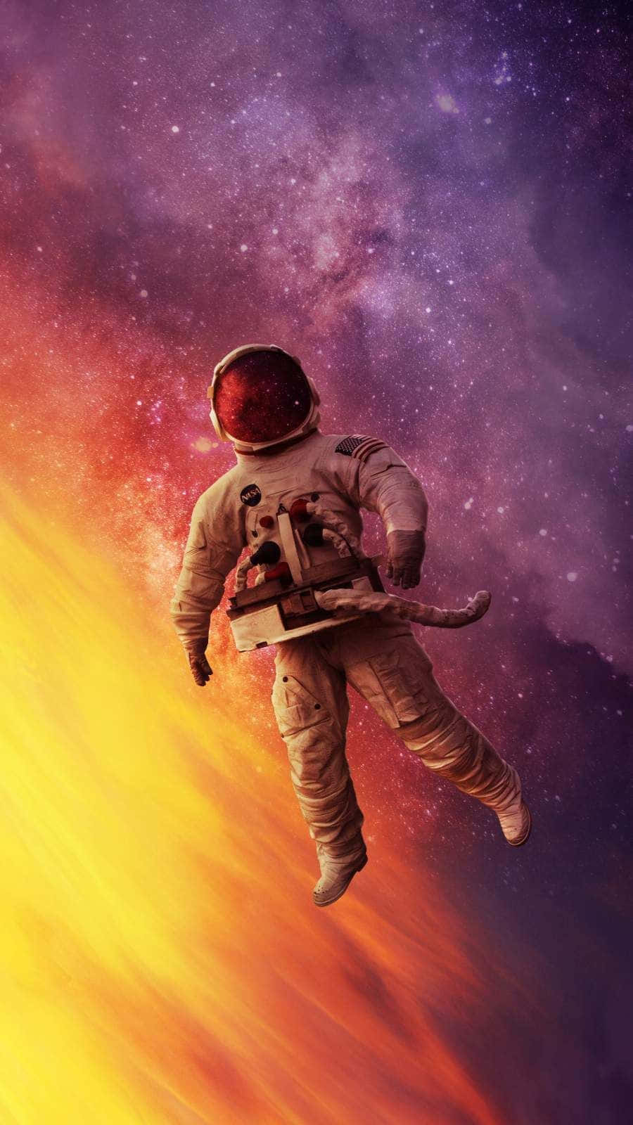 astronaut, cosmic nebula, fiery orange, HD Phone Wallpaper