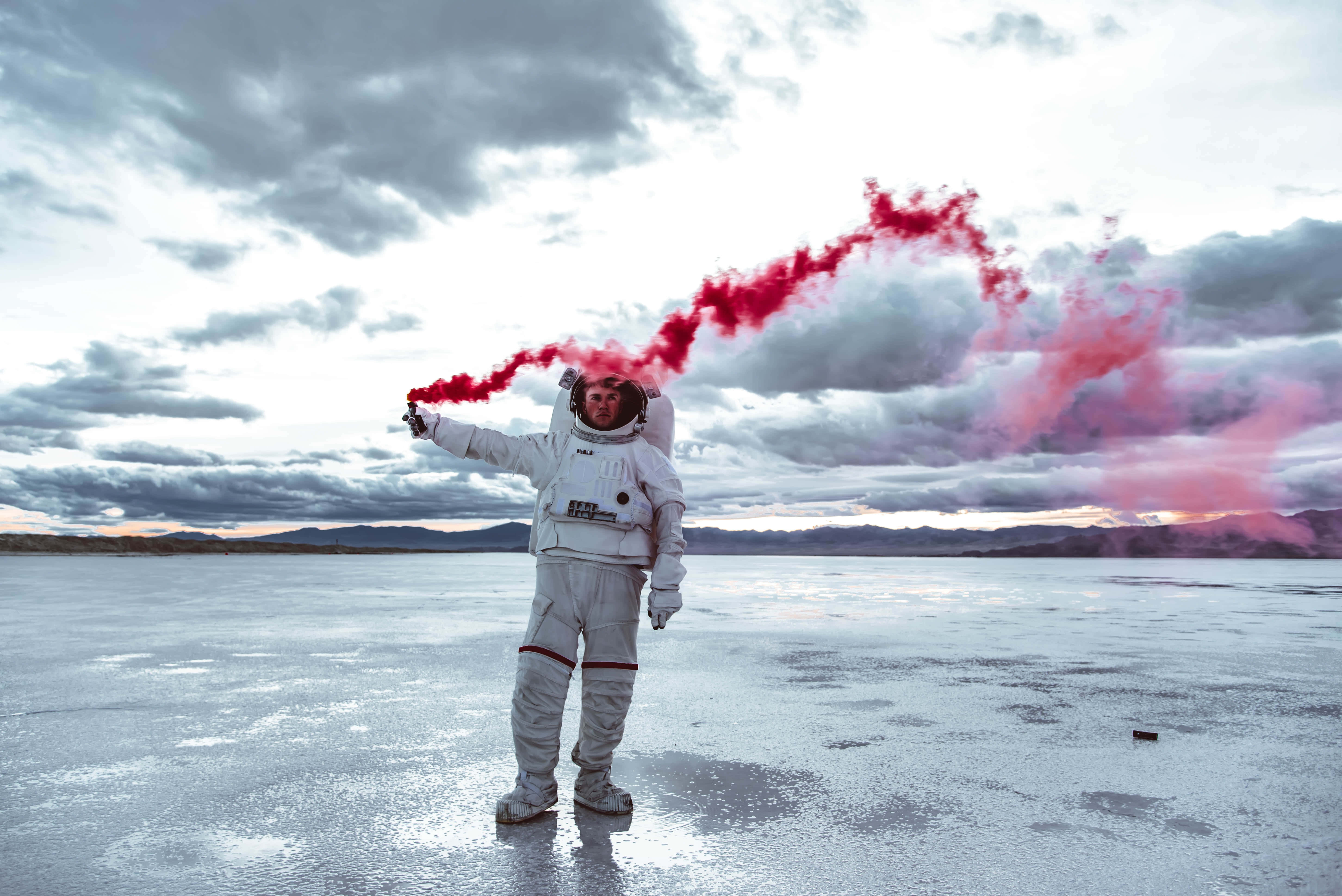 stranded astronaut, white suit, frozen lake, 5K Desktop Wallpaper