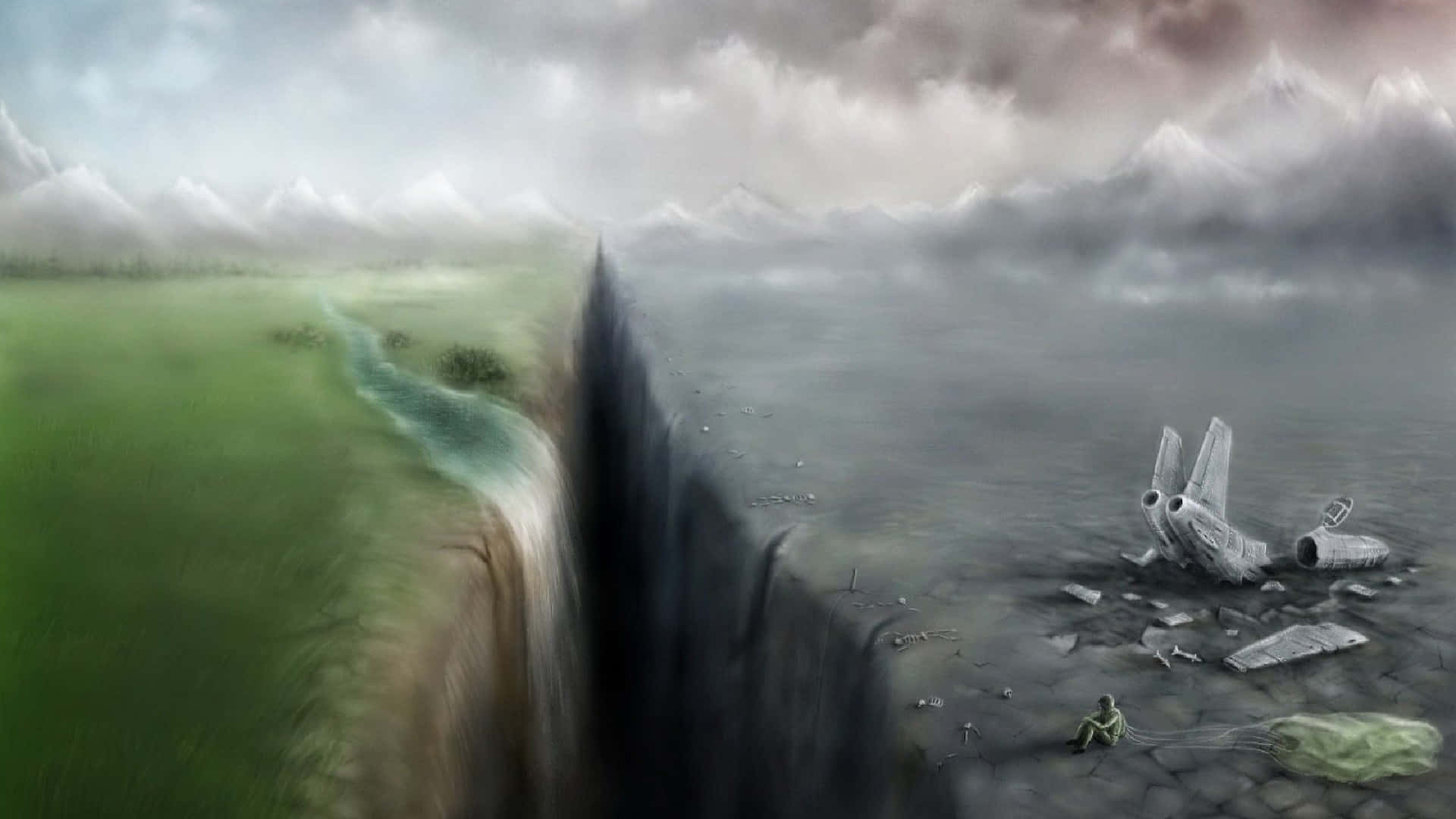 stranded plane crash survivor, crashed airplane, chasm, Full HD Desktop Wallpaper
